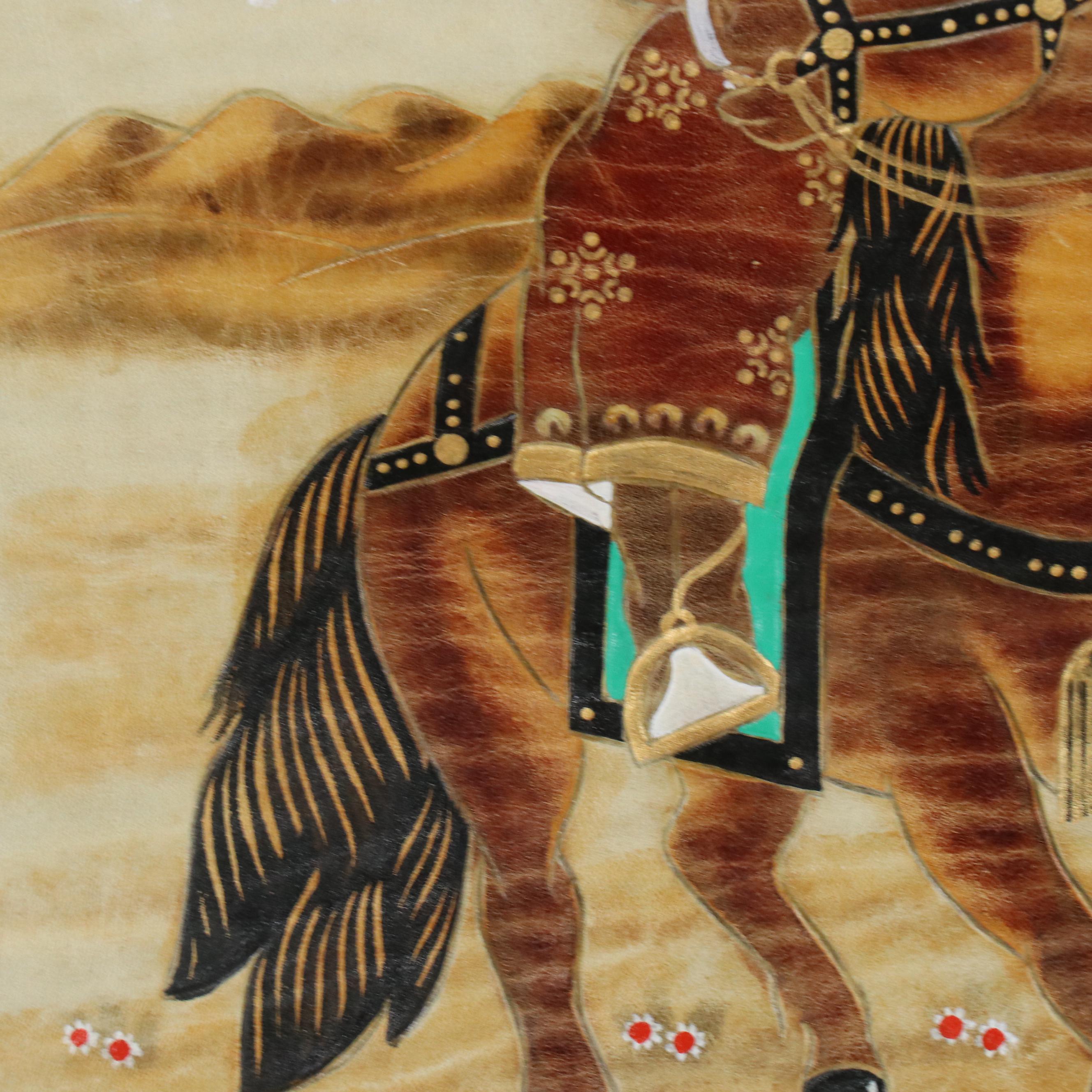 Hand-Painted Embossed Leather Wall Hanging of Figure on Horseback