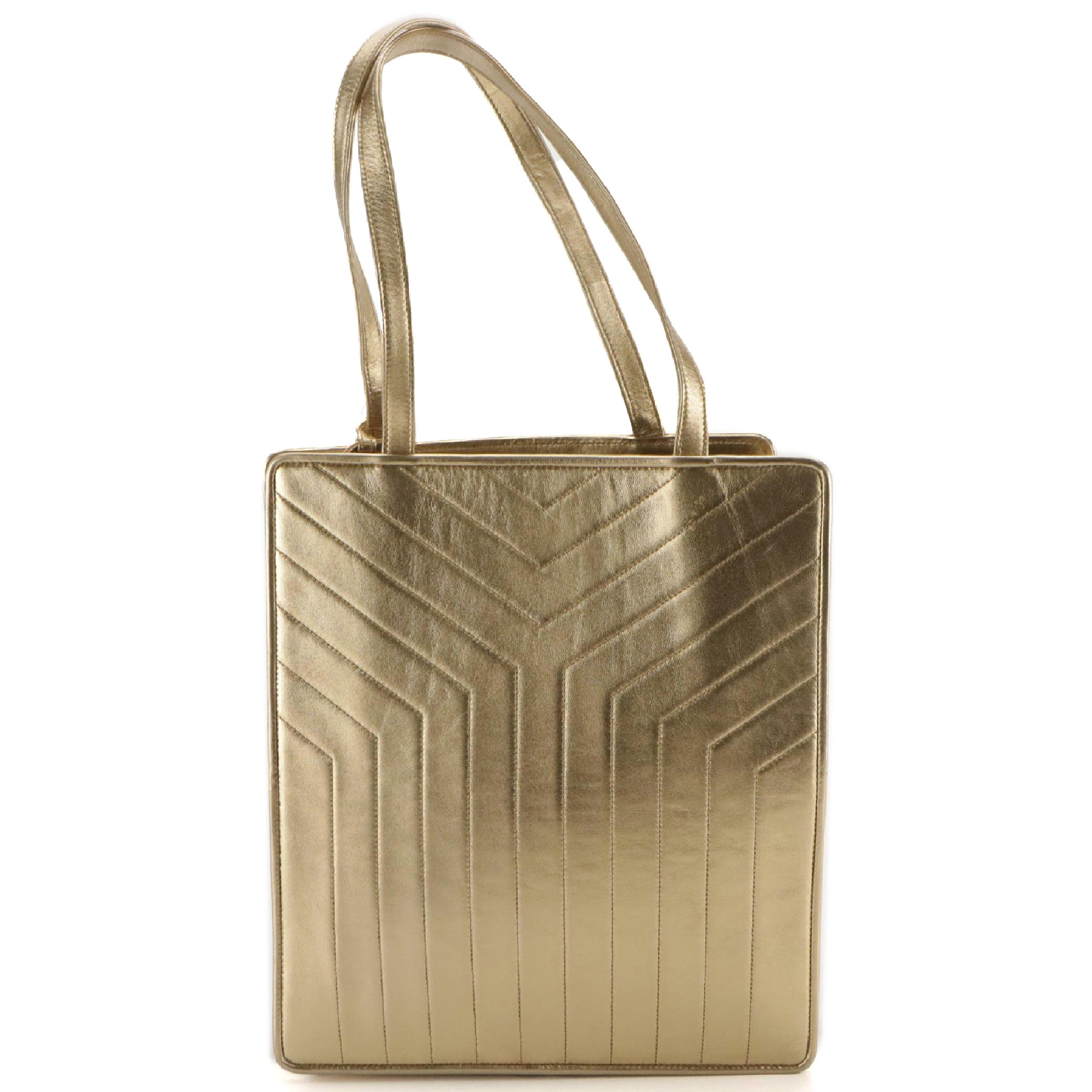 Yves Saint Laurent Y Shoulder Tote in Quilted Gold Metallic Leather