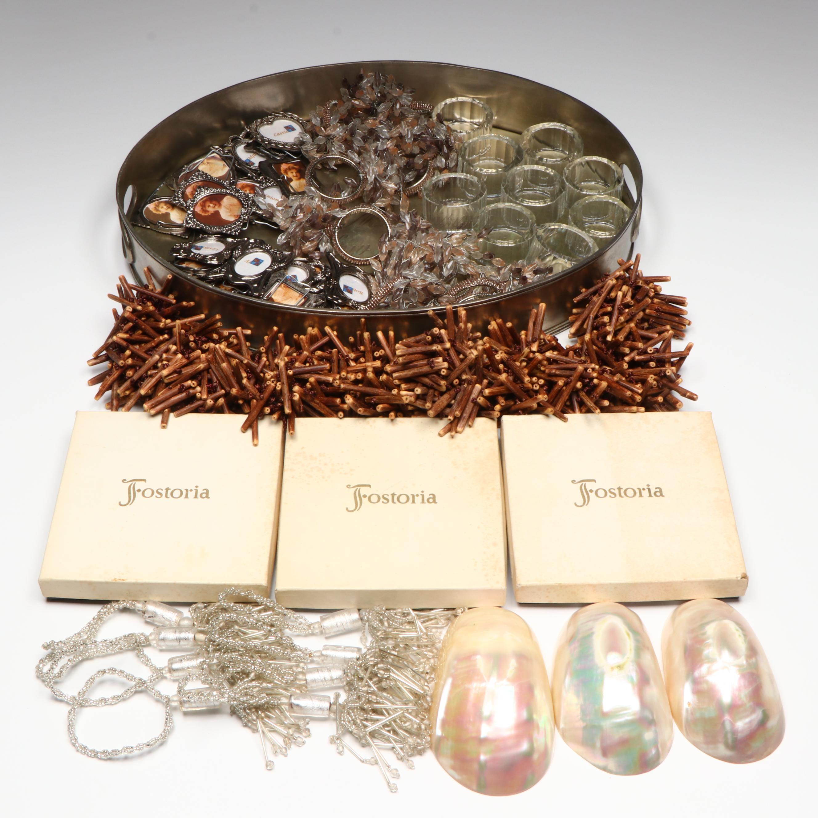 Fostoria and Other Napkin Rings with Mother-of-Pearl Bowls and Décor