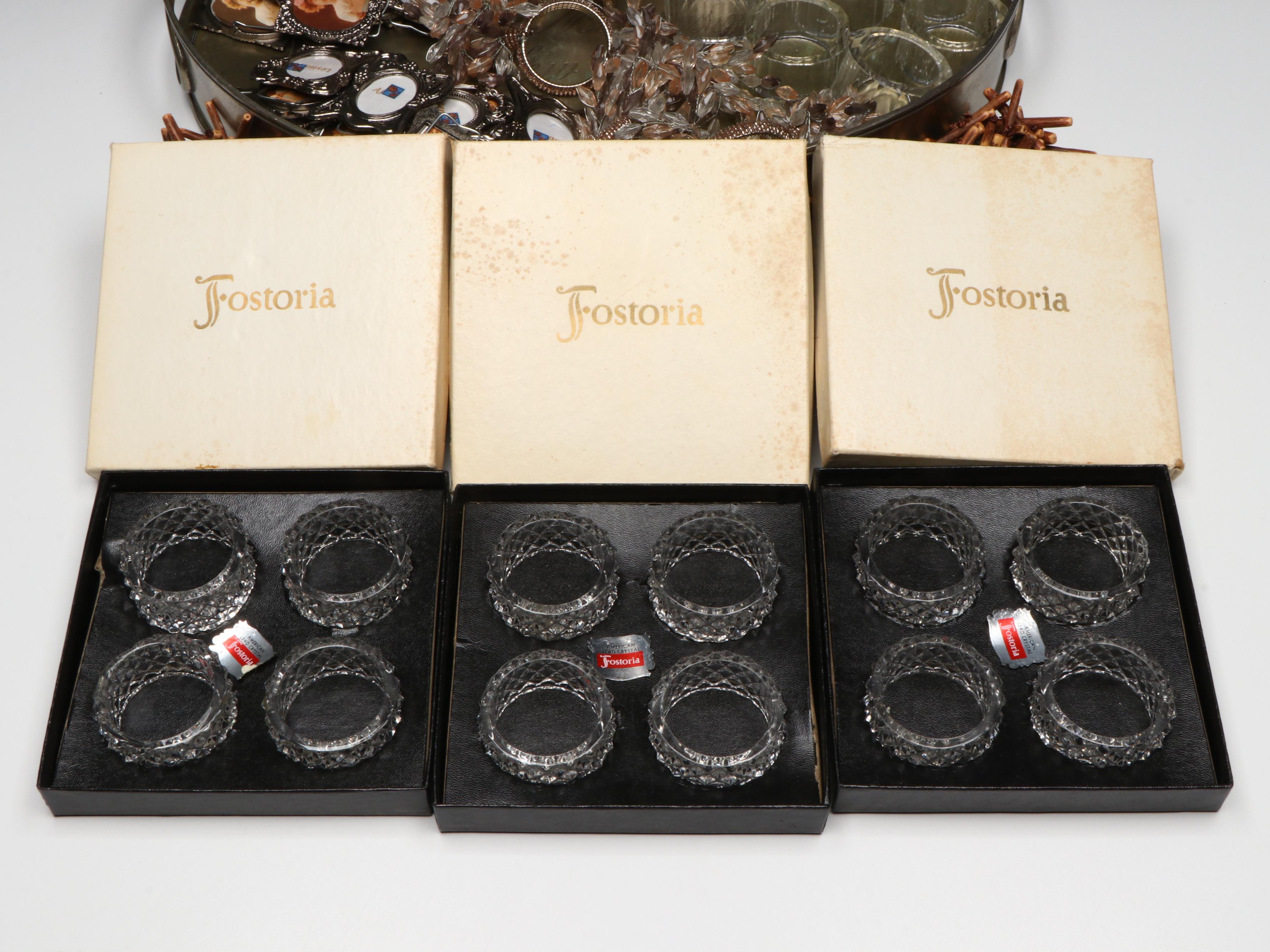 Fostoria and Other Napkin Rings with Mother-of-Pearl Bowls and Décor