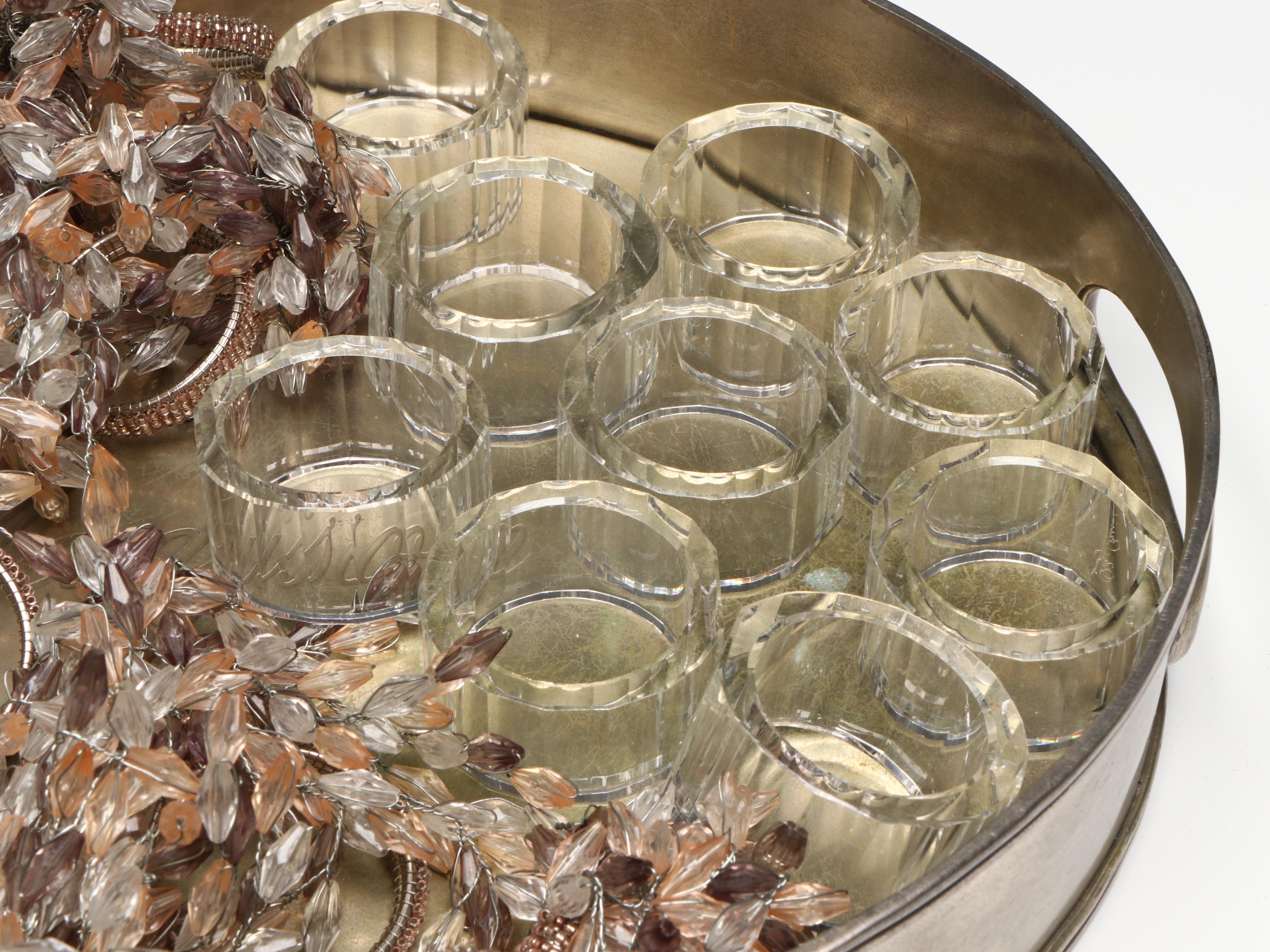 Fostoria and Other Napkin Rings with Mother-of-Pearl Bowls and Décor