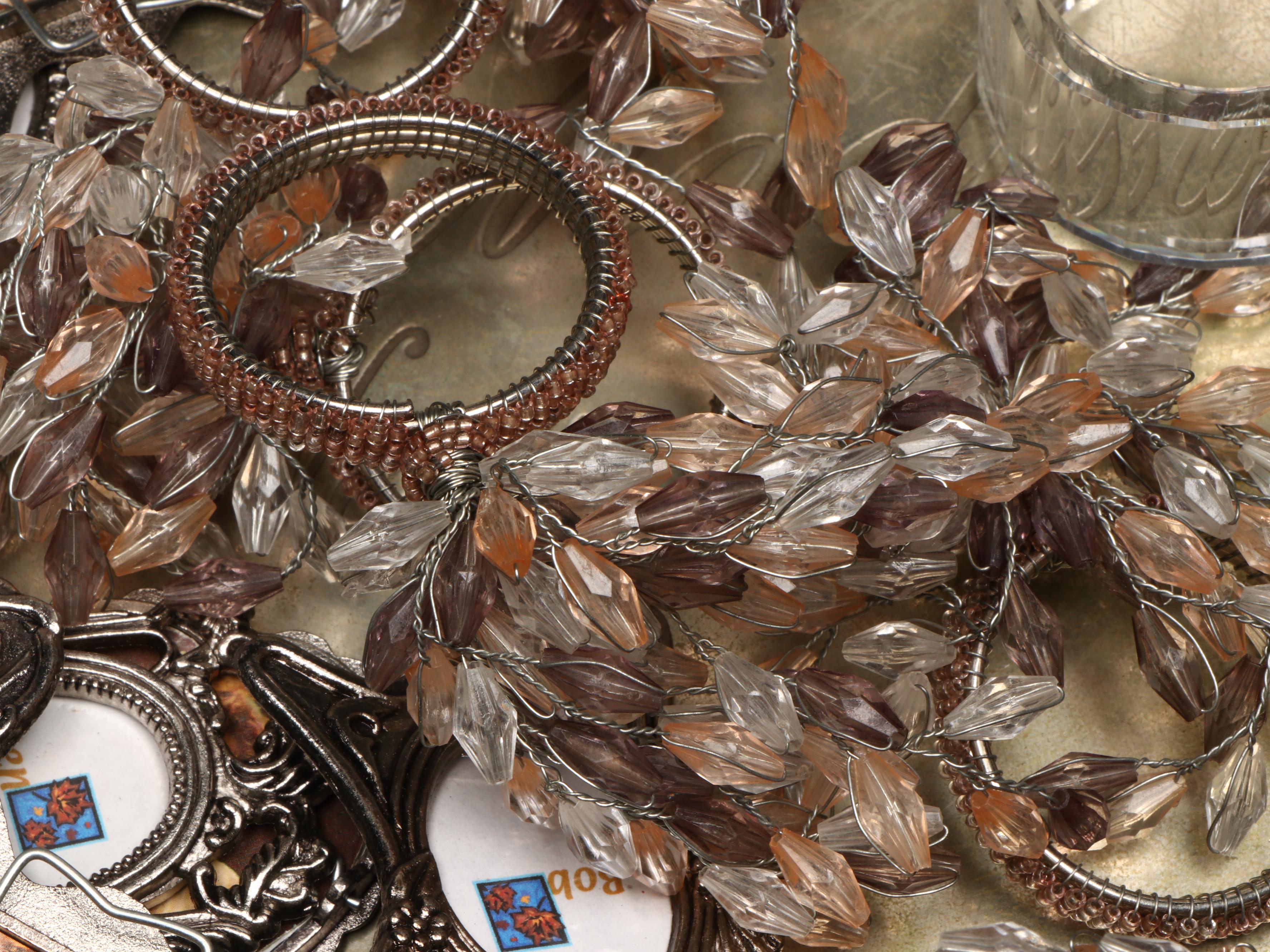 Fostoria and Other Napkin Rings with Mother-of-Pearl Bowls and Décor