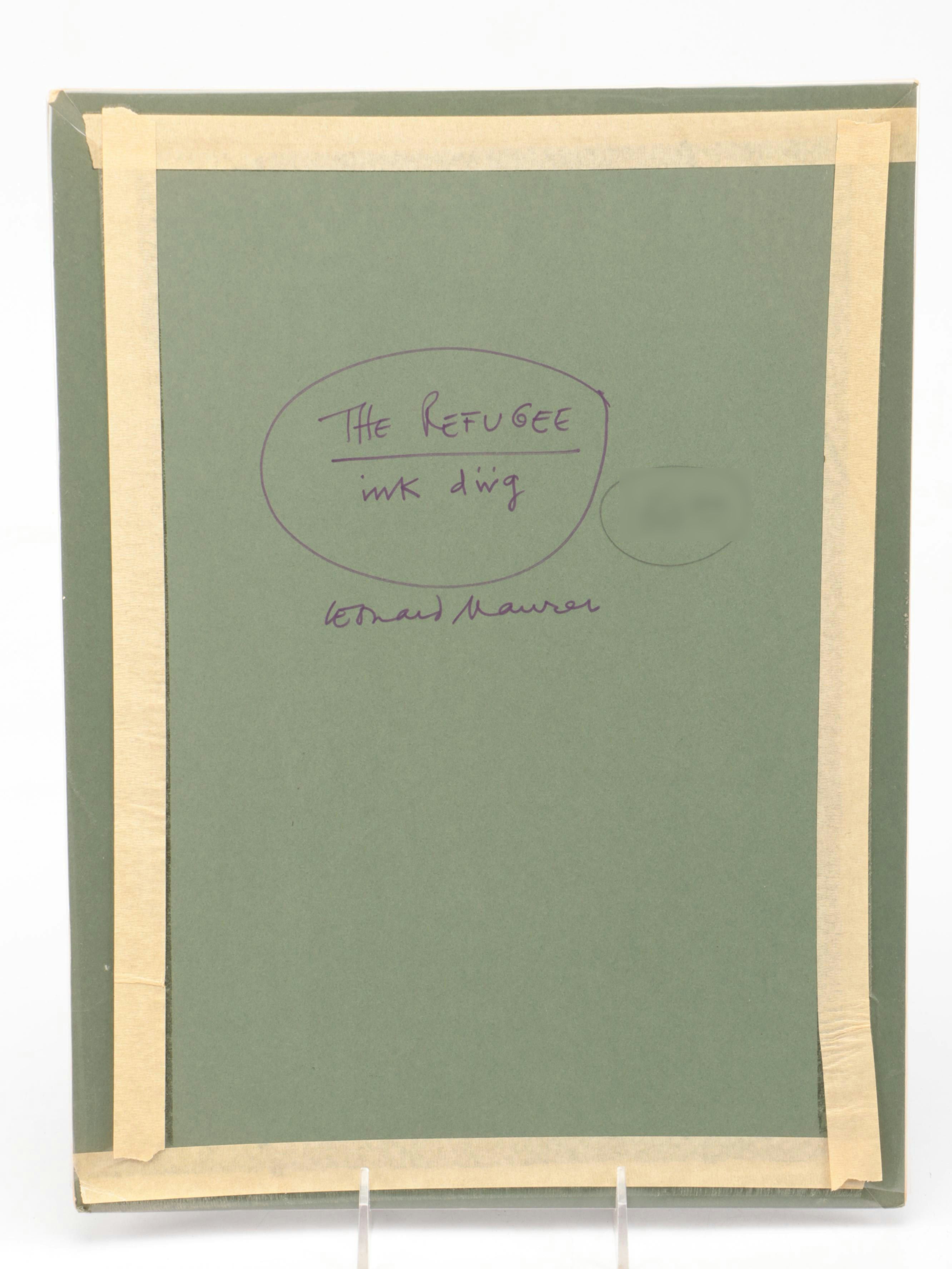 Leonard Maurer Modern Figural Ink Wash Drawing "The Refugee," 1969