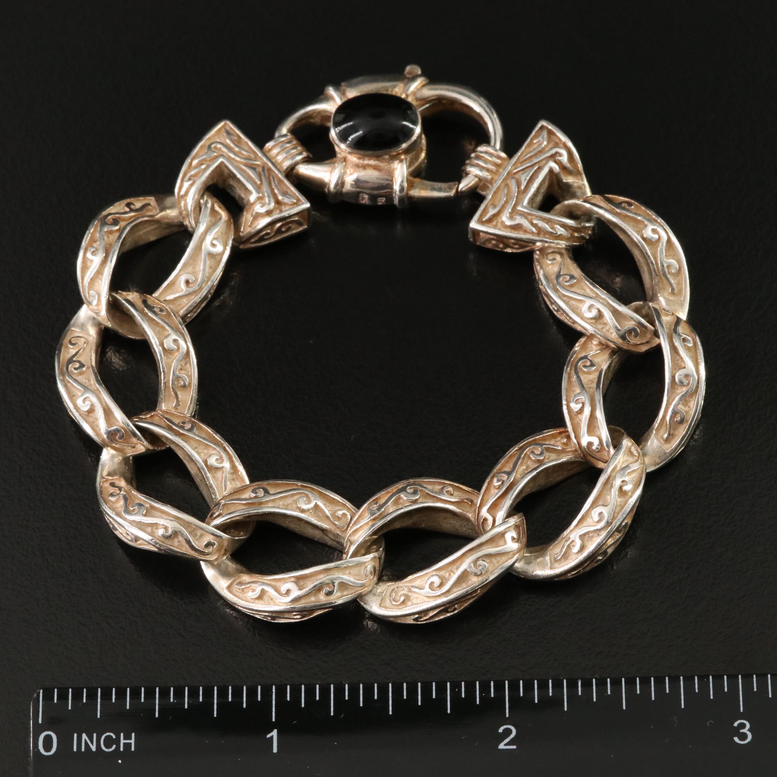 Sterling Curb Link Bracelet with Faux Black Onyx Clasp