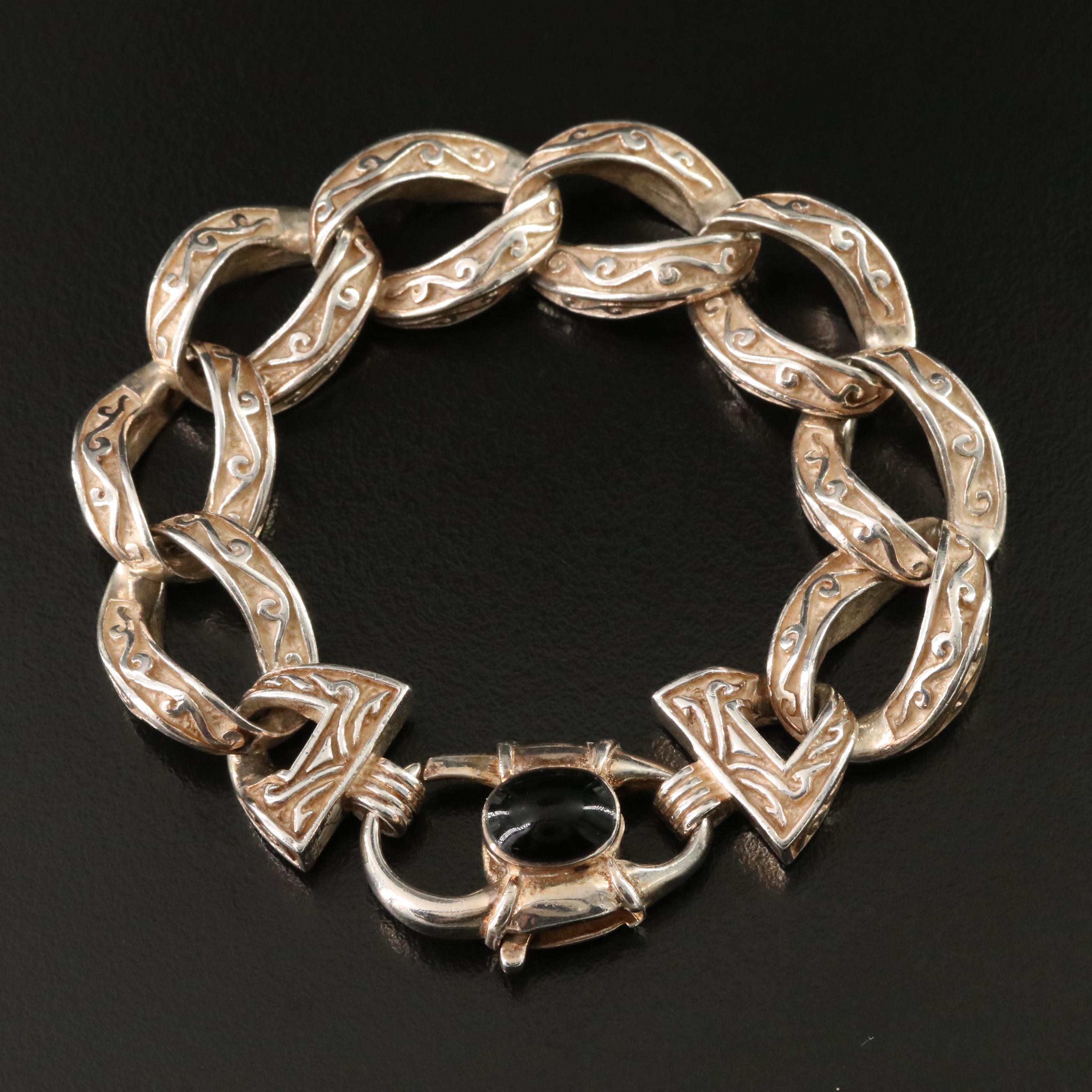 Sterling Curb Link Bracelet with Faux Black Onyx Clasp