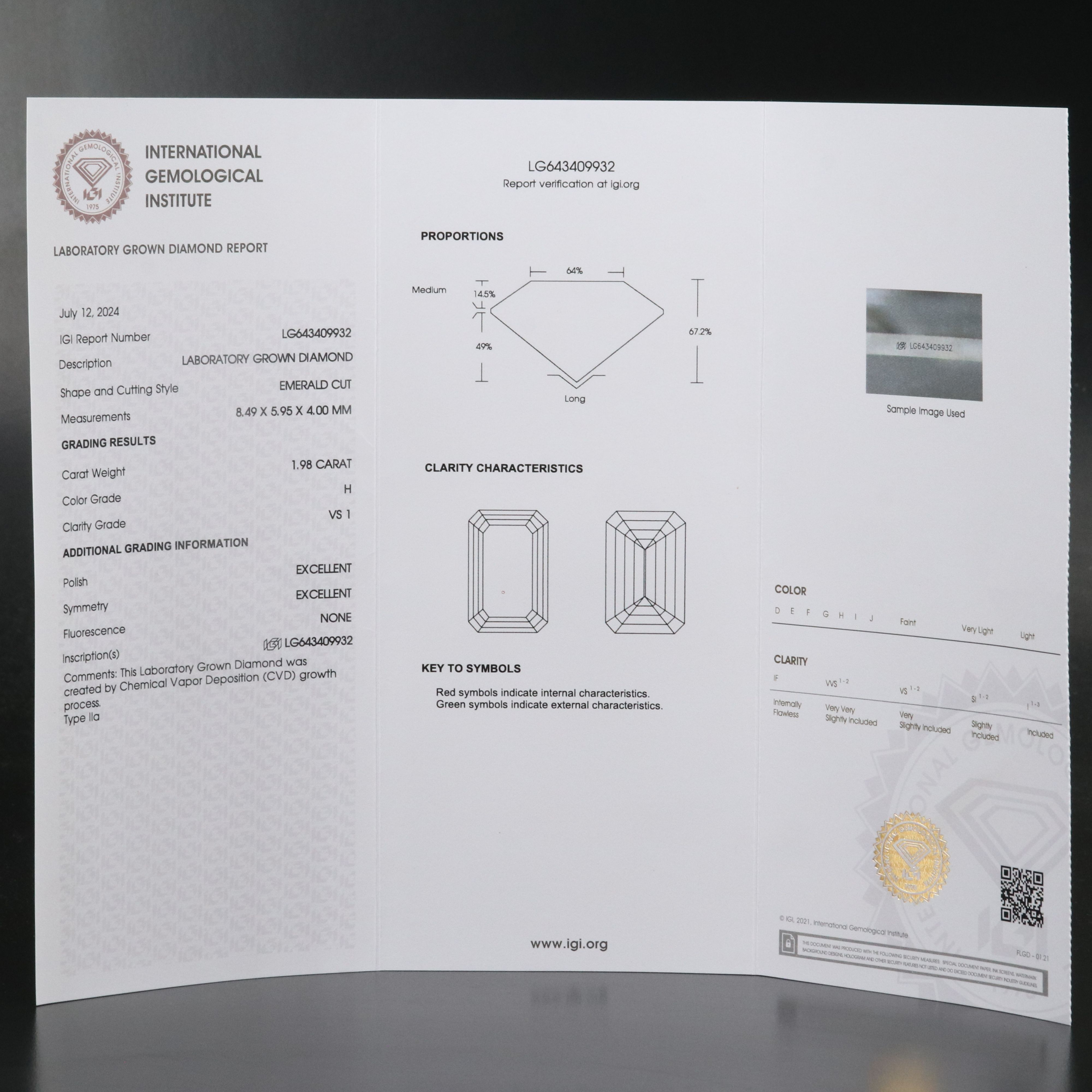 Loose 1.98 CT Lab Grown Diamond with IGI Report