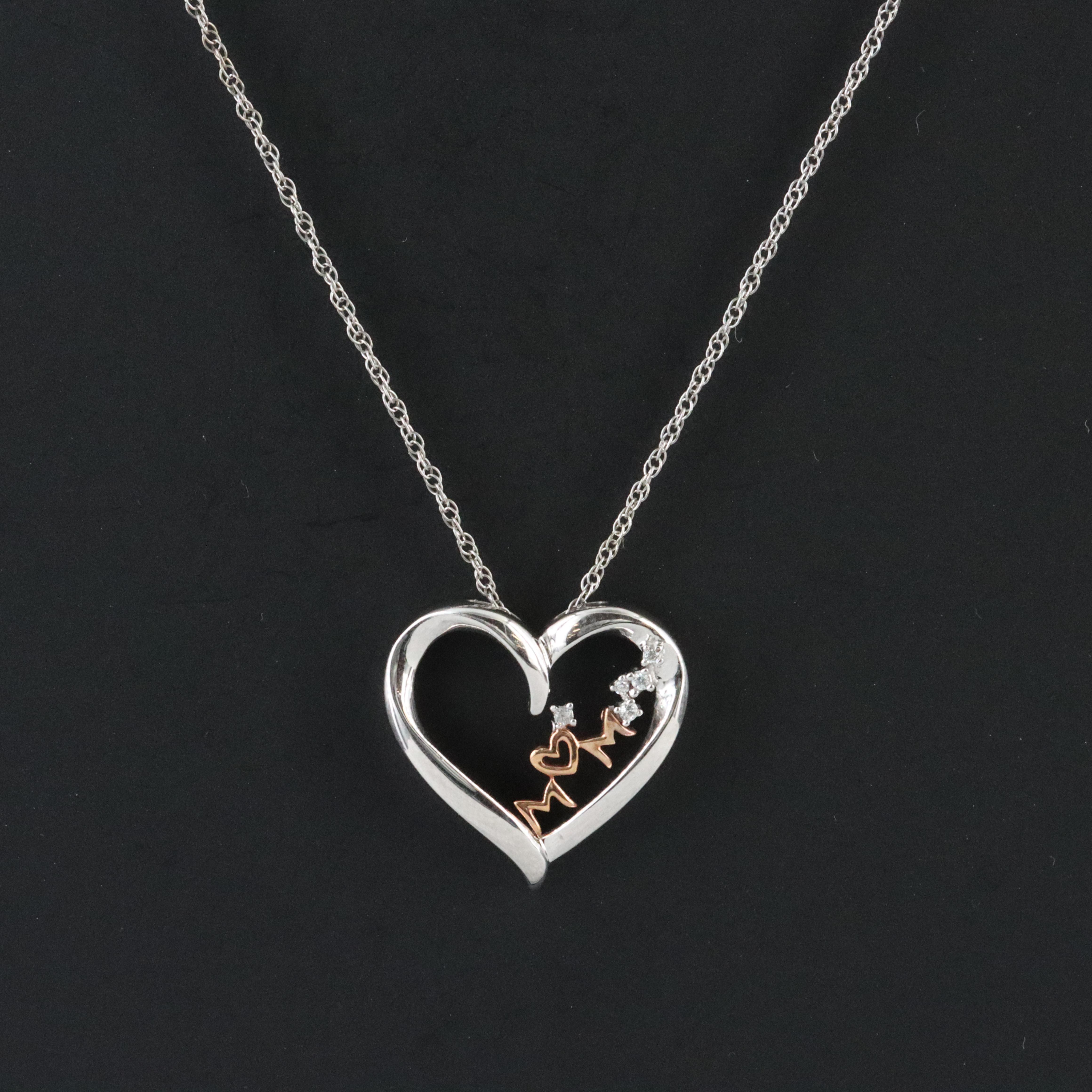 Sterling CZ "Mom" Pendant Necklace with Rose Tone Accent