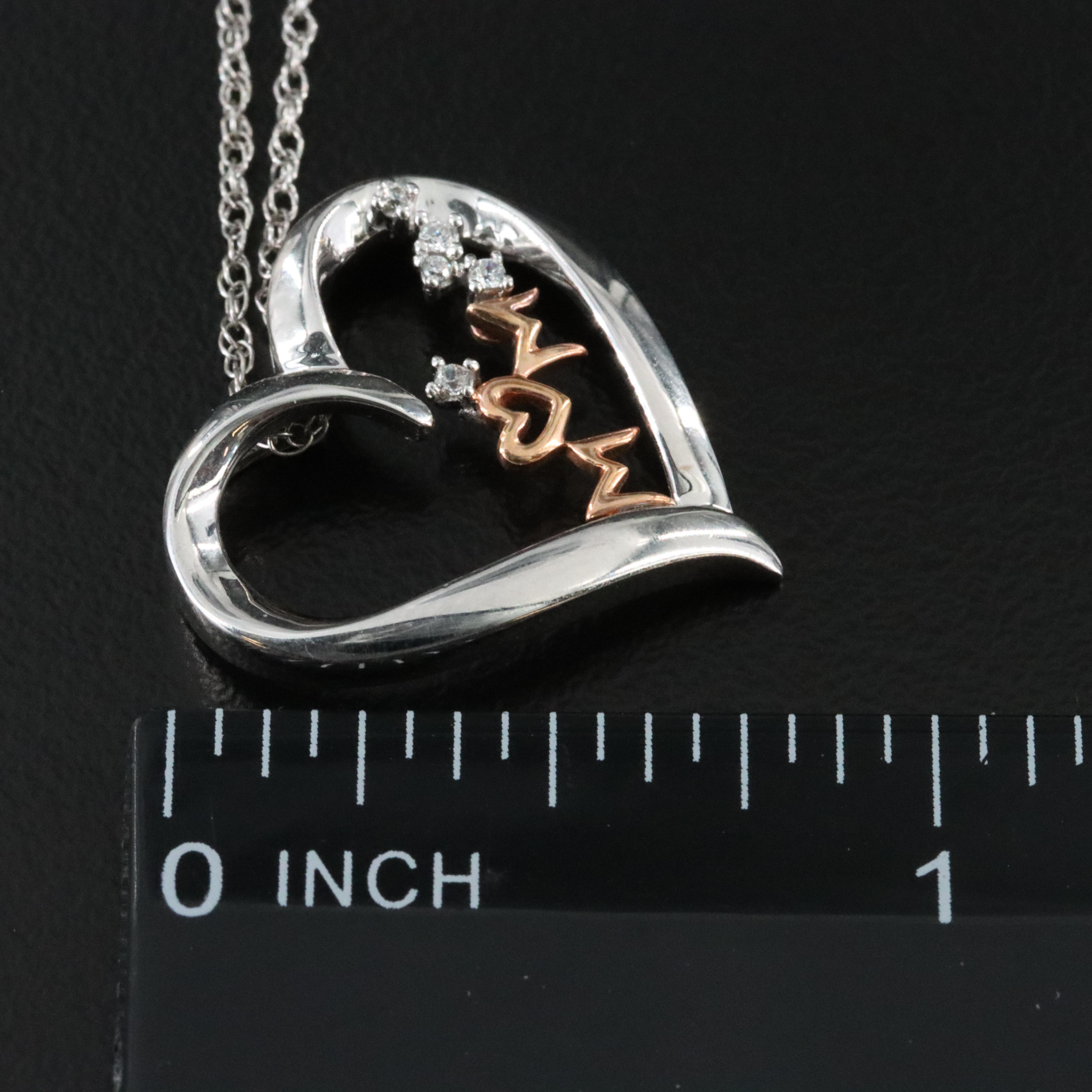 Sterling CZ "Mom" Pendant Necklace with Rose Tone Accent