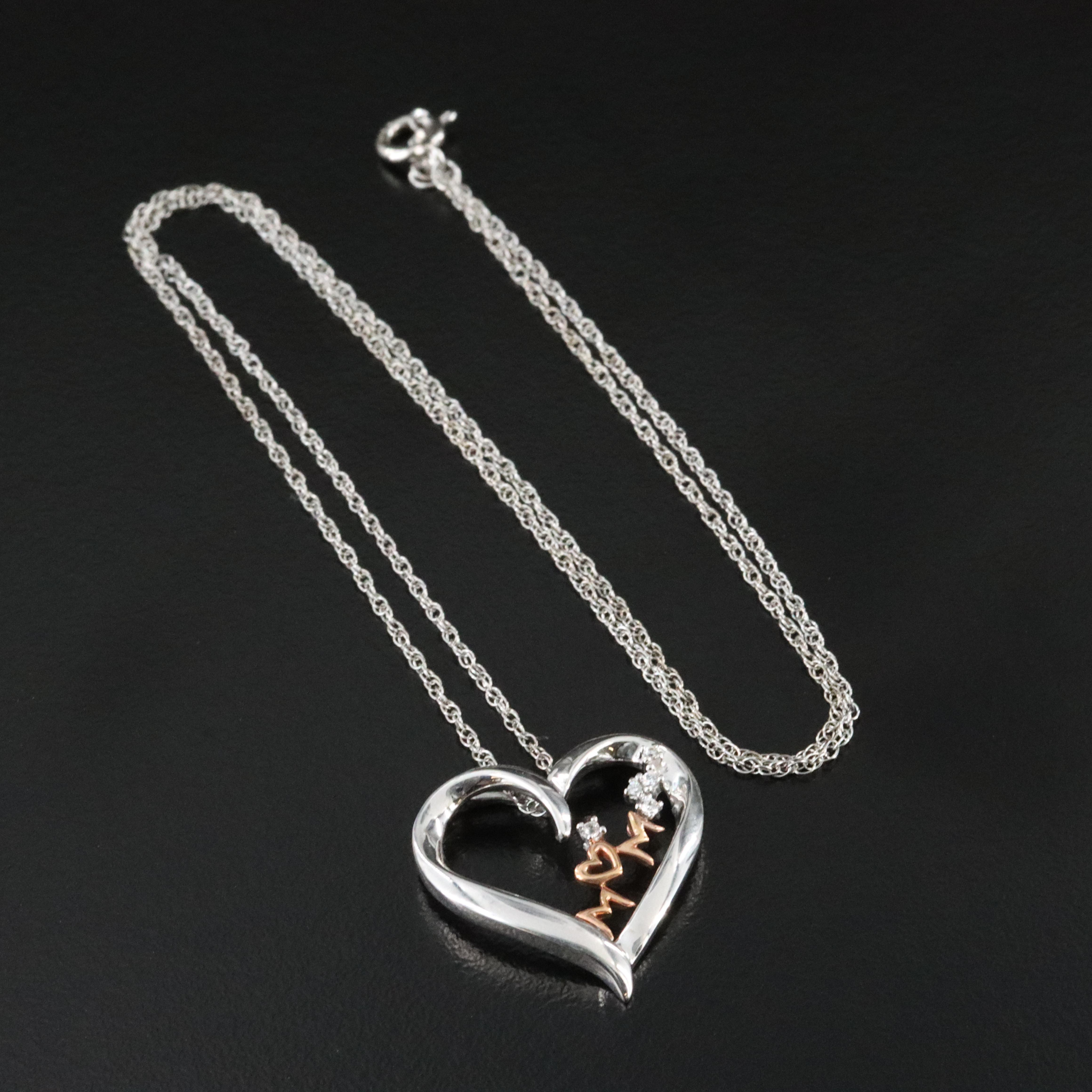 Sterling CZ "Mom" Pendant Necklace with Rose Tone Accent