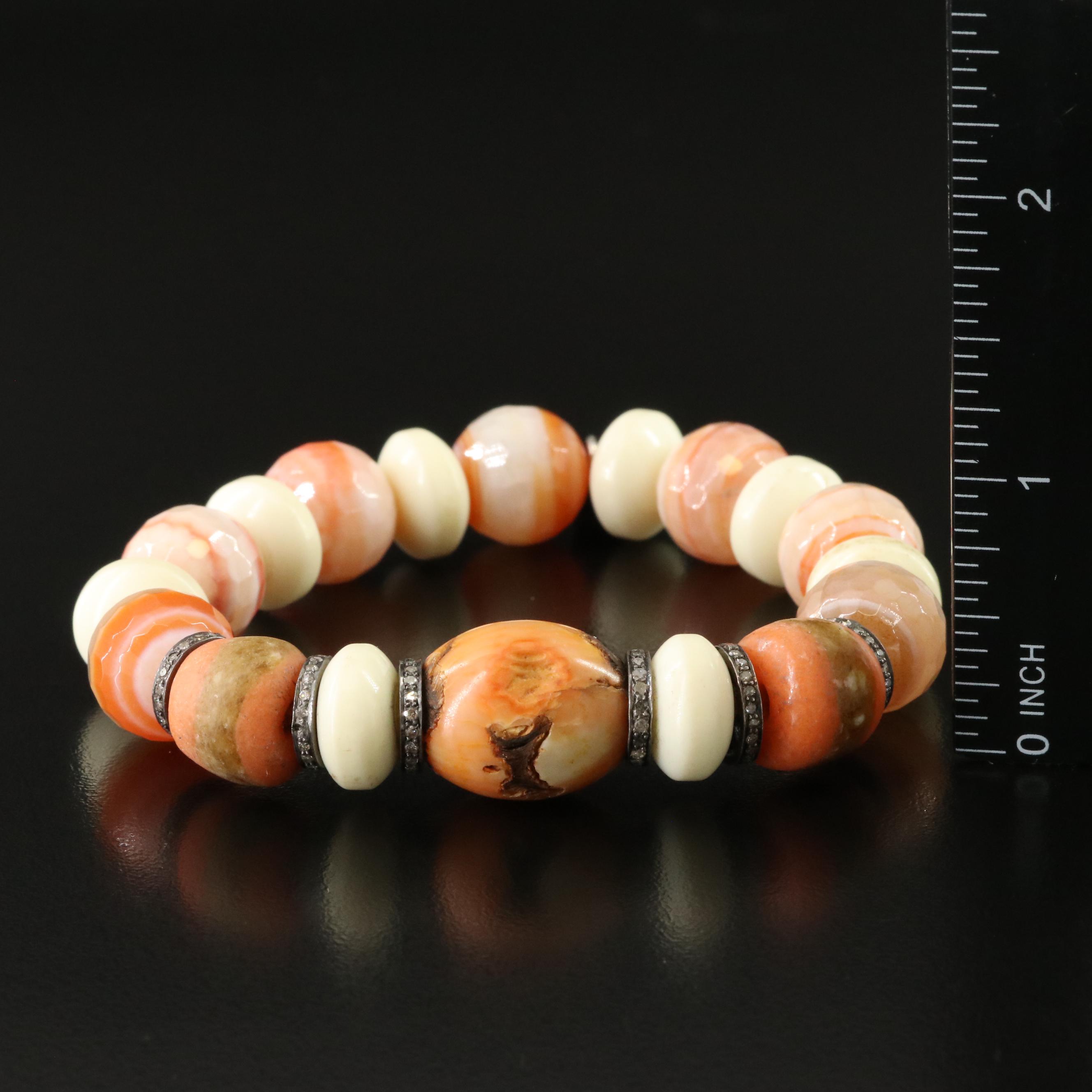 Sheryl Lowe Agate, Coral, Diamond and Sterling Bracelet