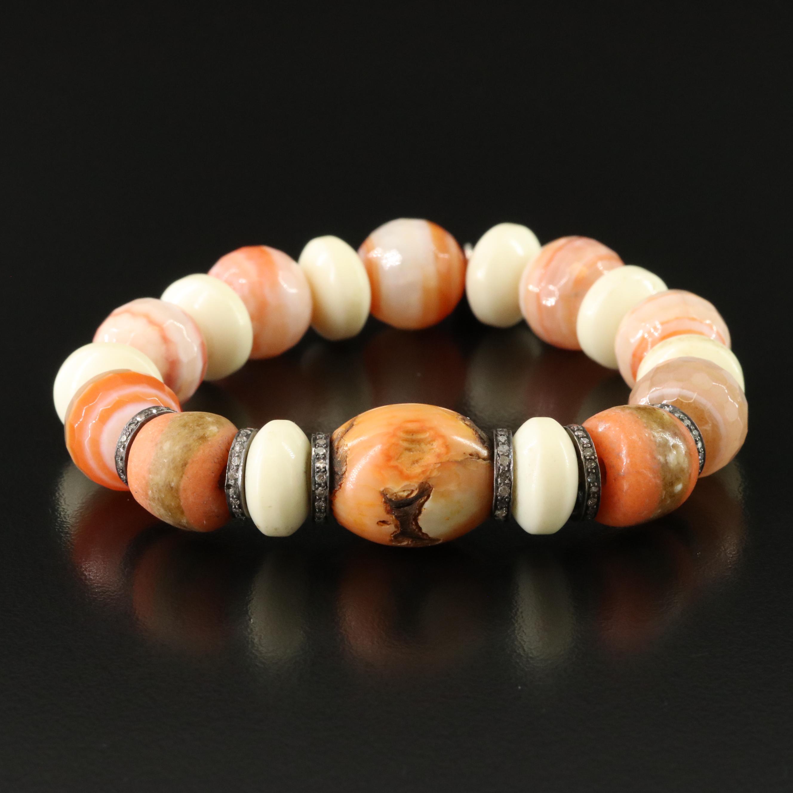 Sheryl Lowe Agate, Coral, Diamond and Sterling Bracelet