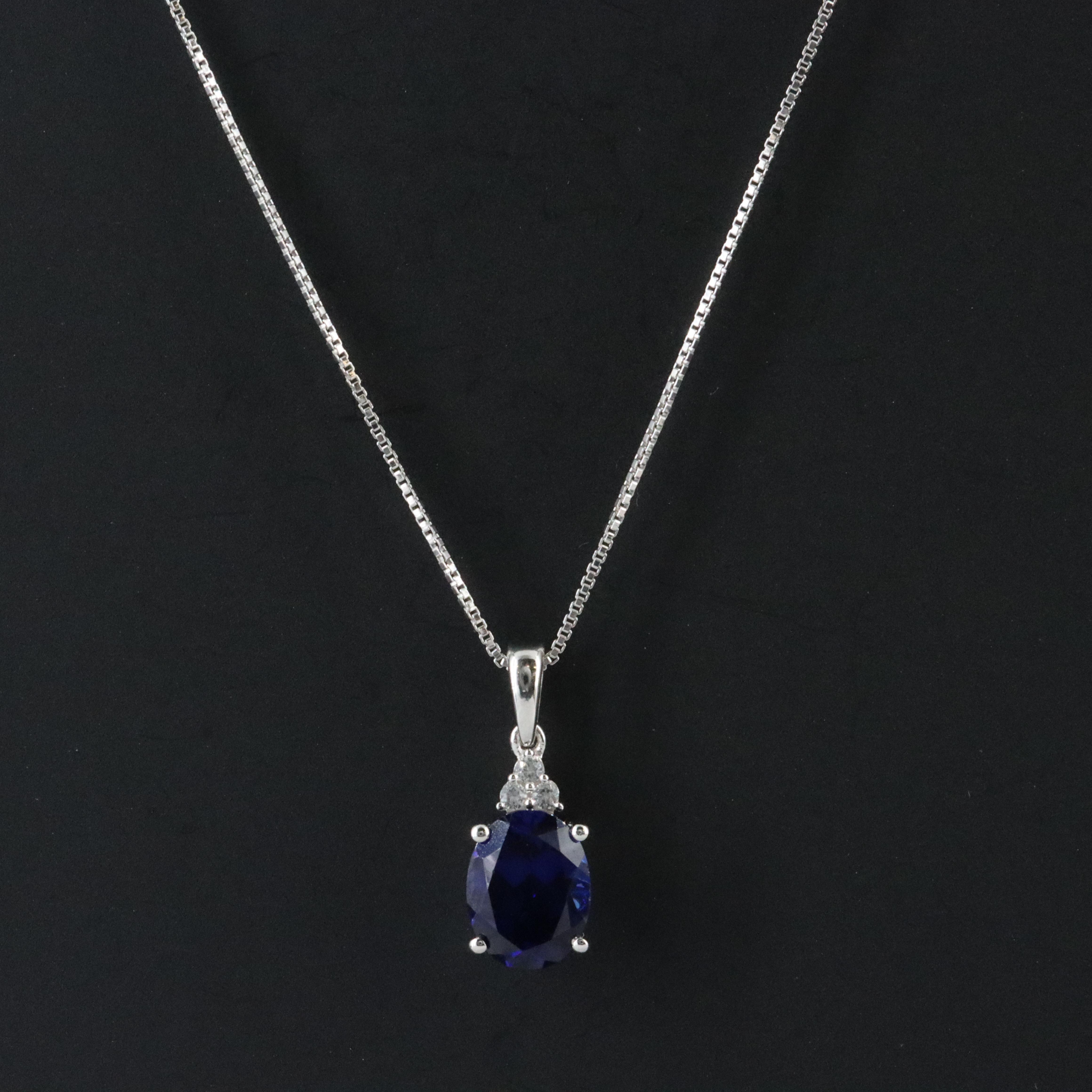 Sterling Sapphire Pendant Necklace with White Sapphire Accents