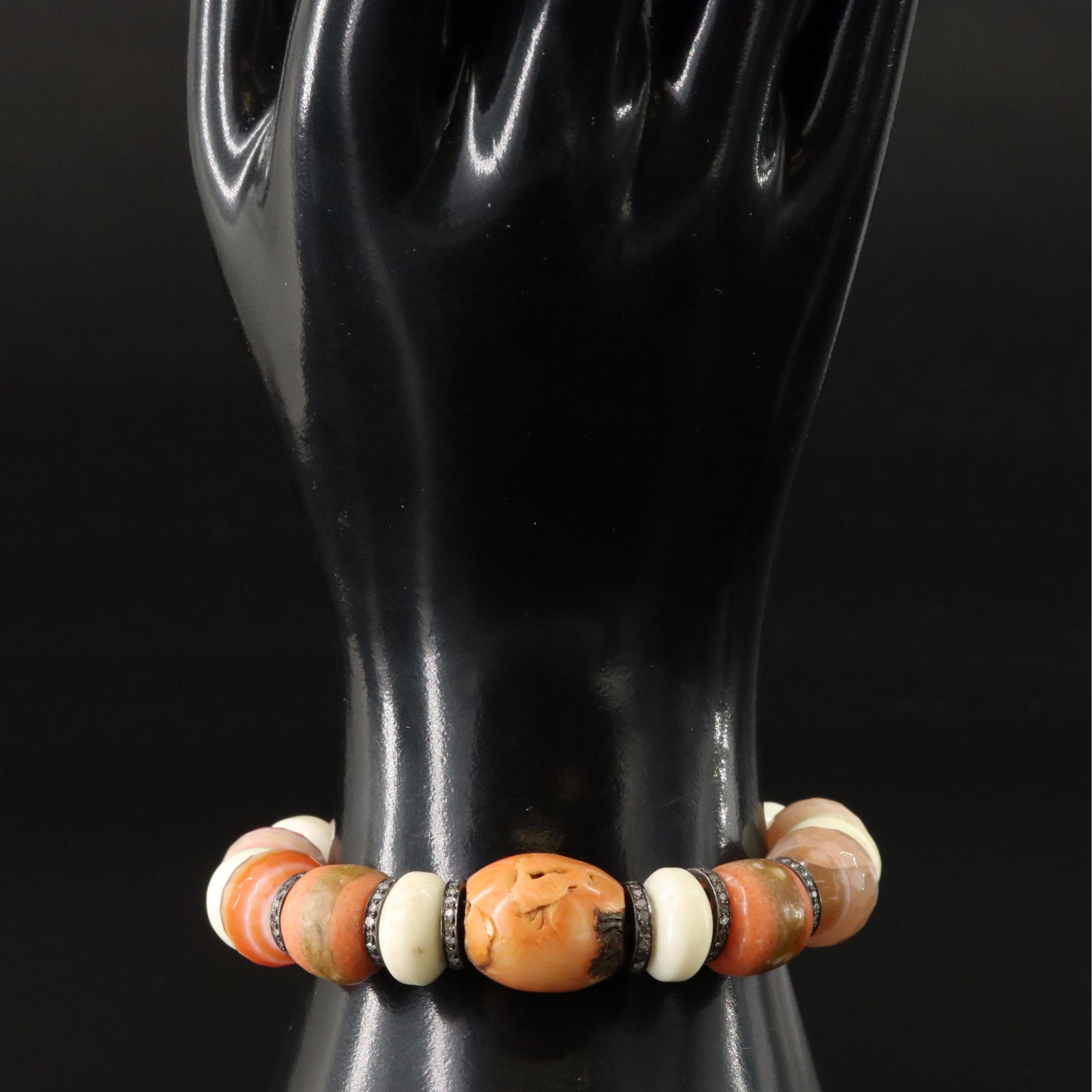 Sheryl Lowe Agate, Coral, Diamond and Sterling Bracelet