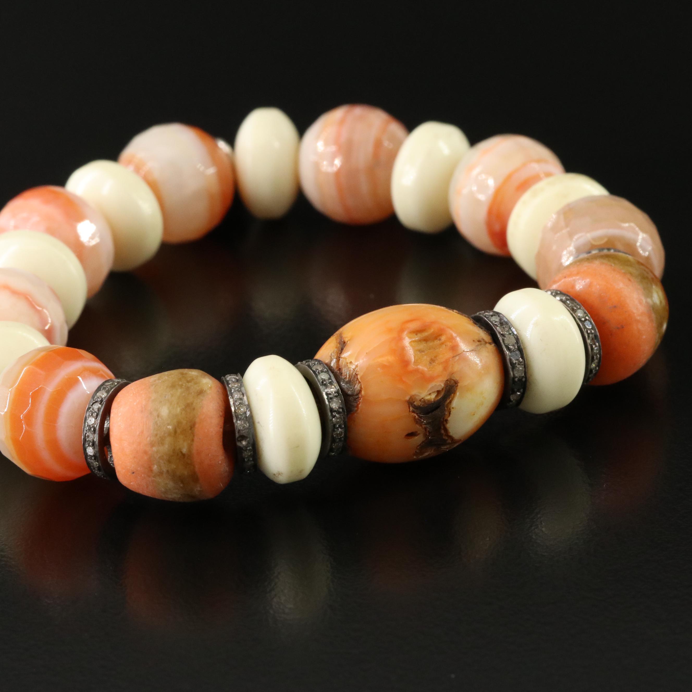 Sheryl Lowe Agate, Coral, Diamond and Sterling Bracelet