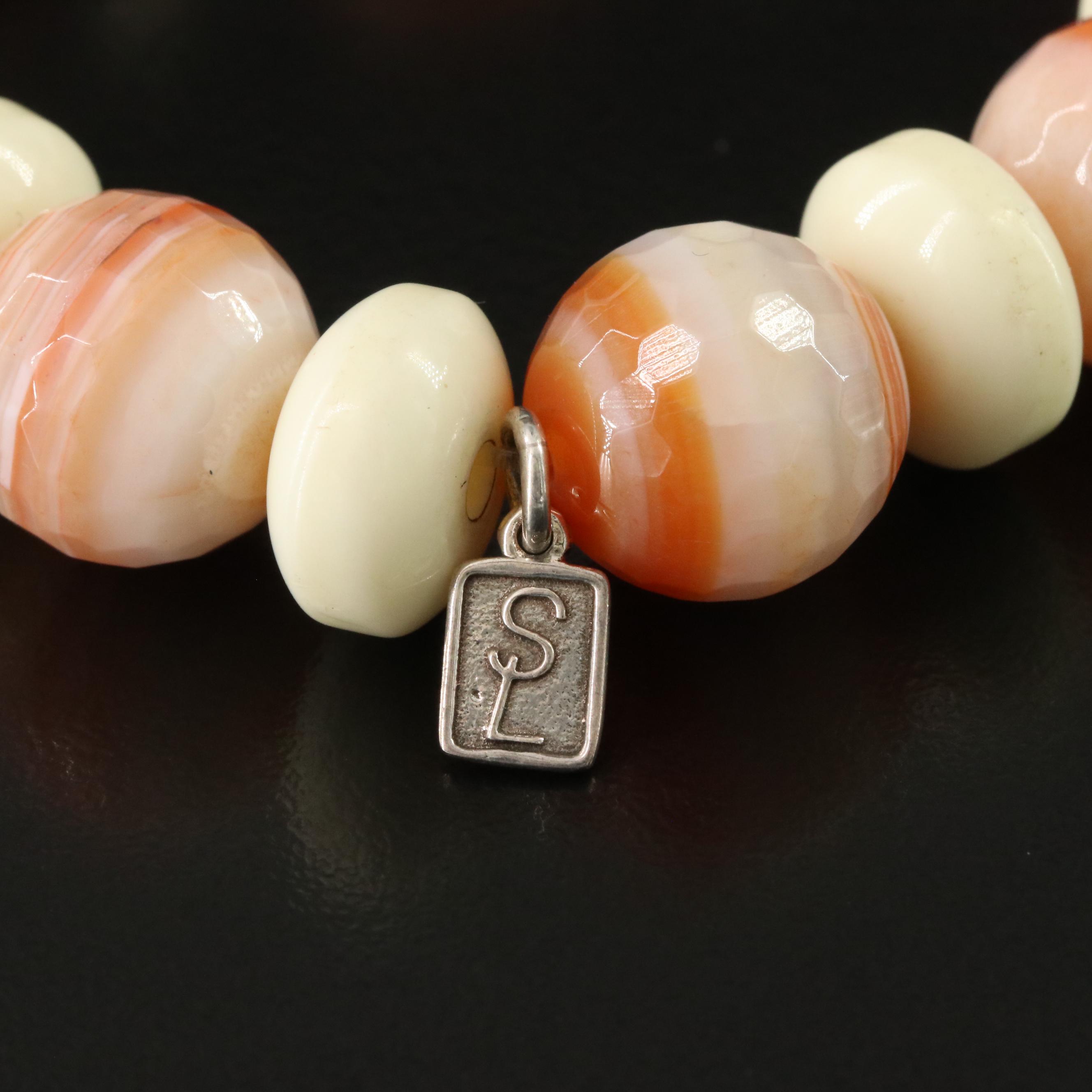 Sheryl Lowe Agate, Coral, Diamond and Sterling Bracelet