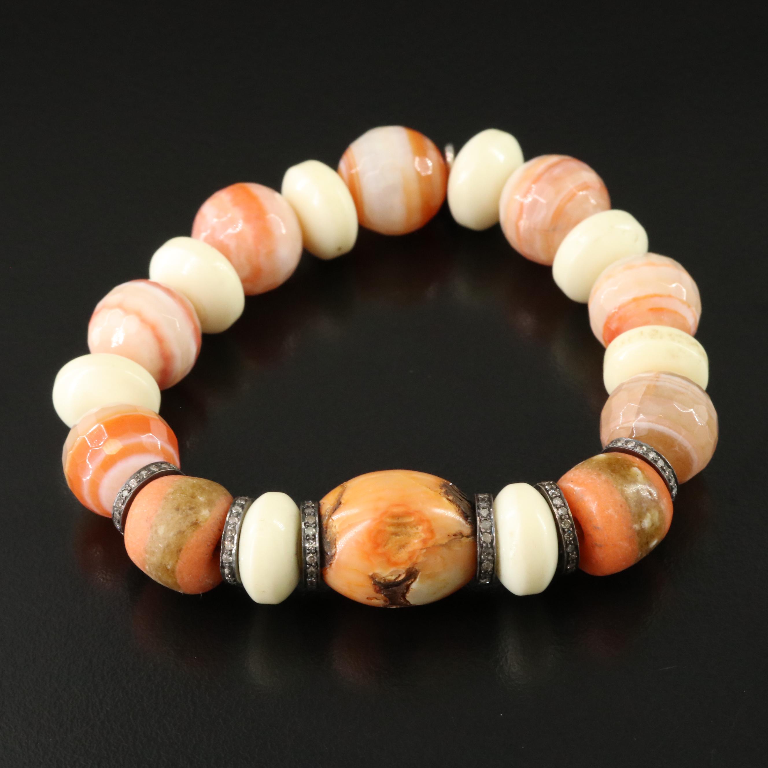 Sheryl Lowe Agate, Coral, Diamond and Sterling Bracelet