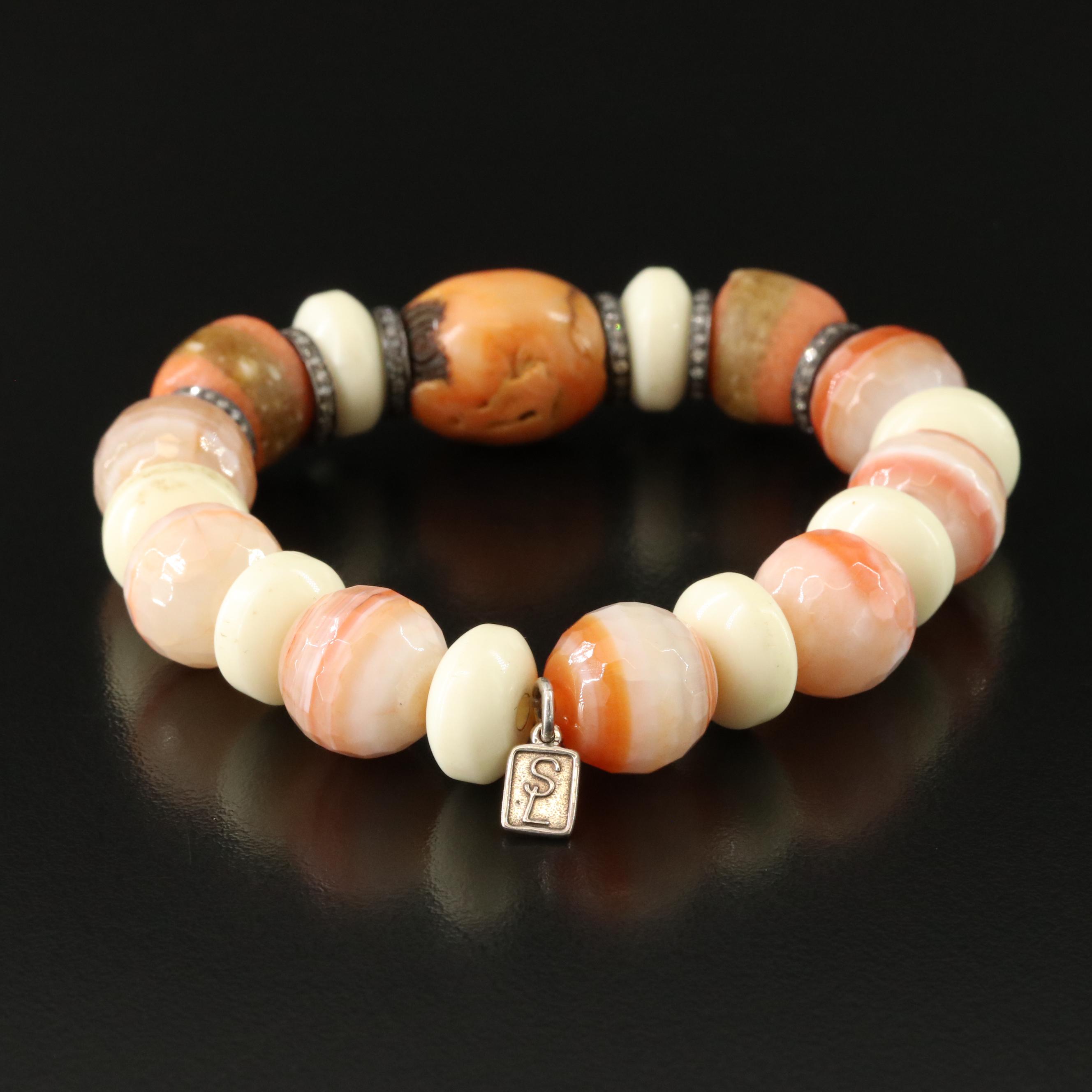 Sheryl Lowe Agate, Coral, Diamond and Sterling Bracelet