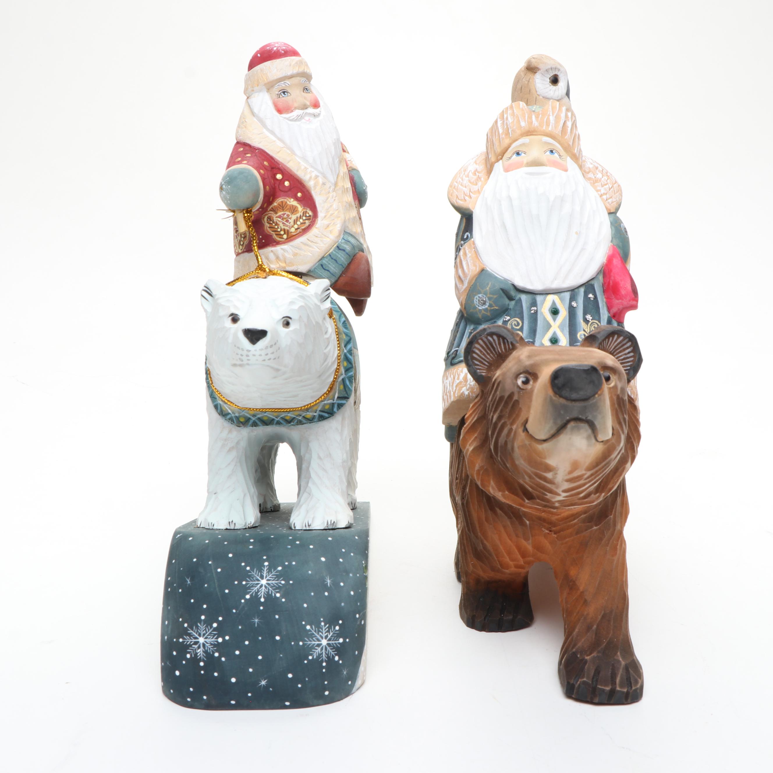 Russian Folk Style Hand Carved Father Frost Figurine and Boxes