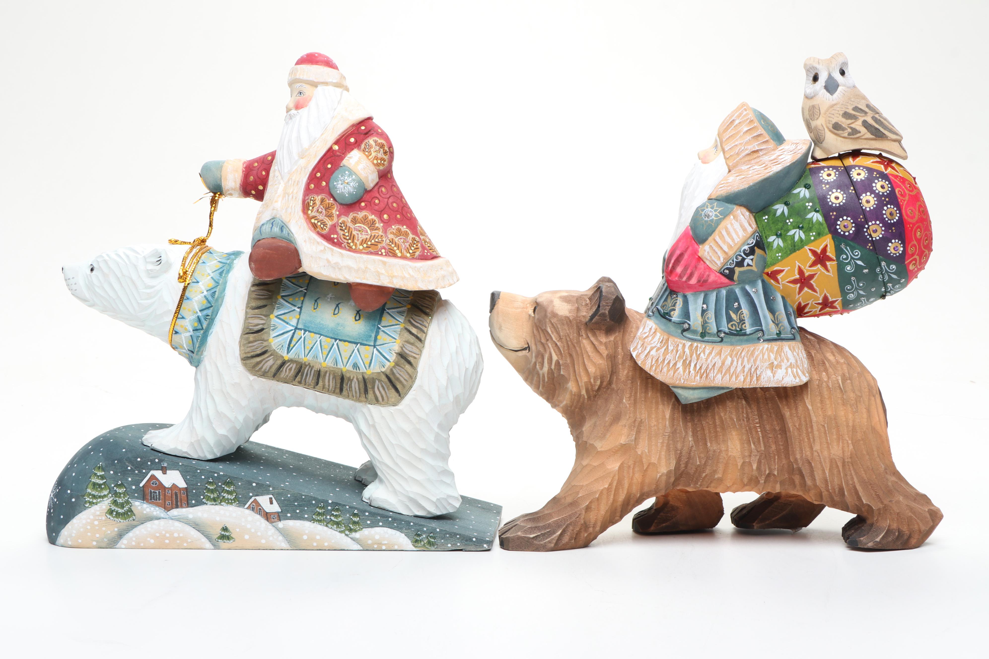 Russian Folk Style Hand Carved Father Frost Figurine and Boxes