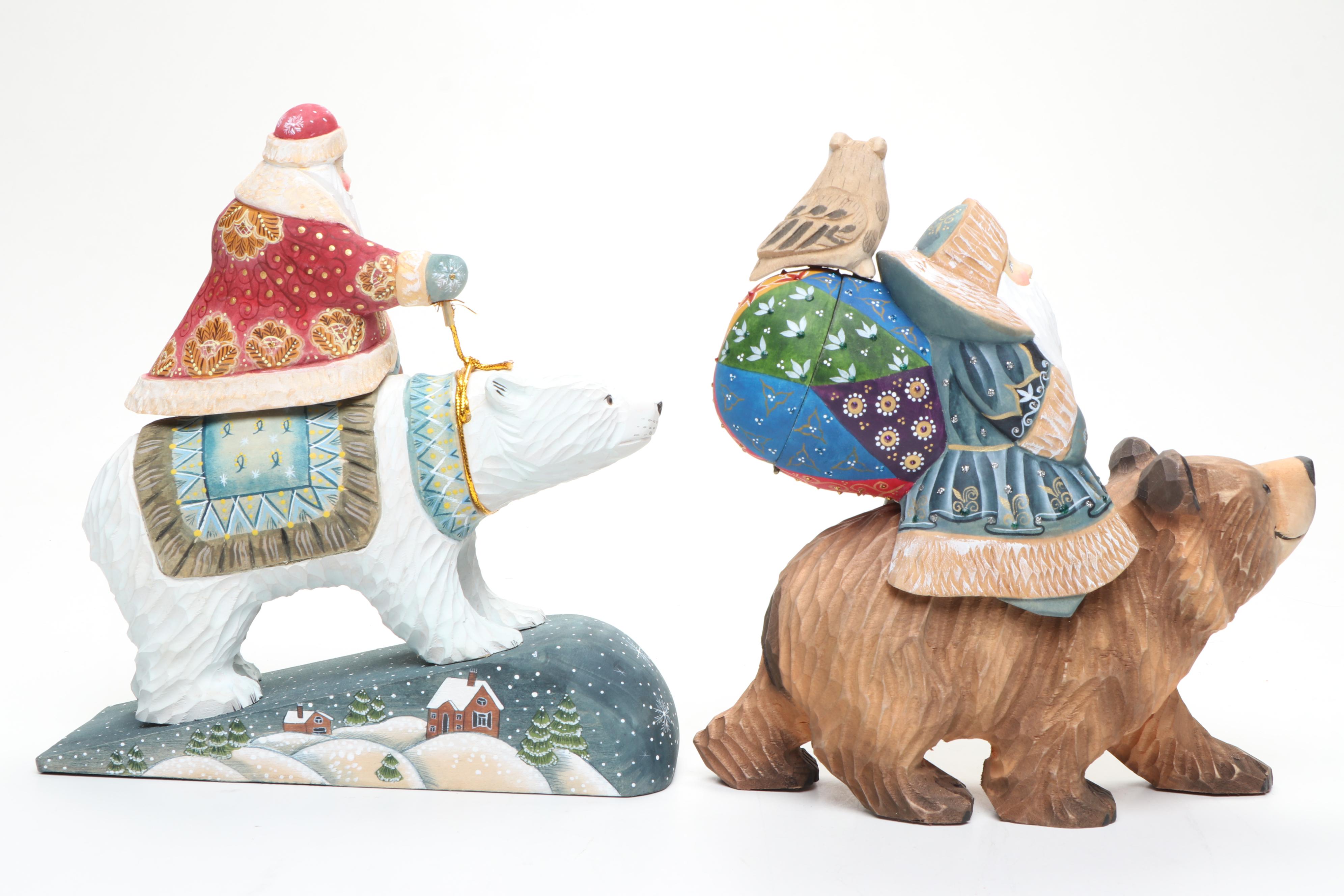 Russian Folk Style Hand Carved Father Frost Figurine and Boxes