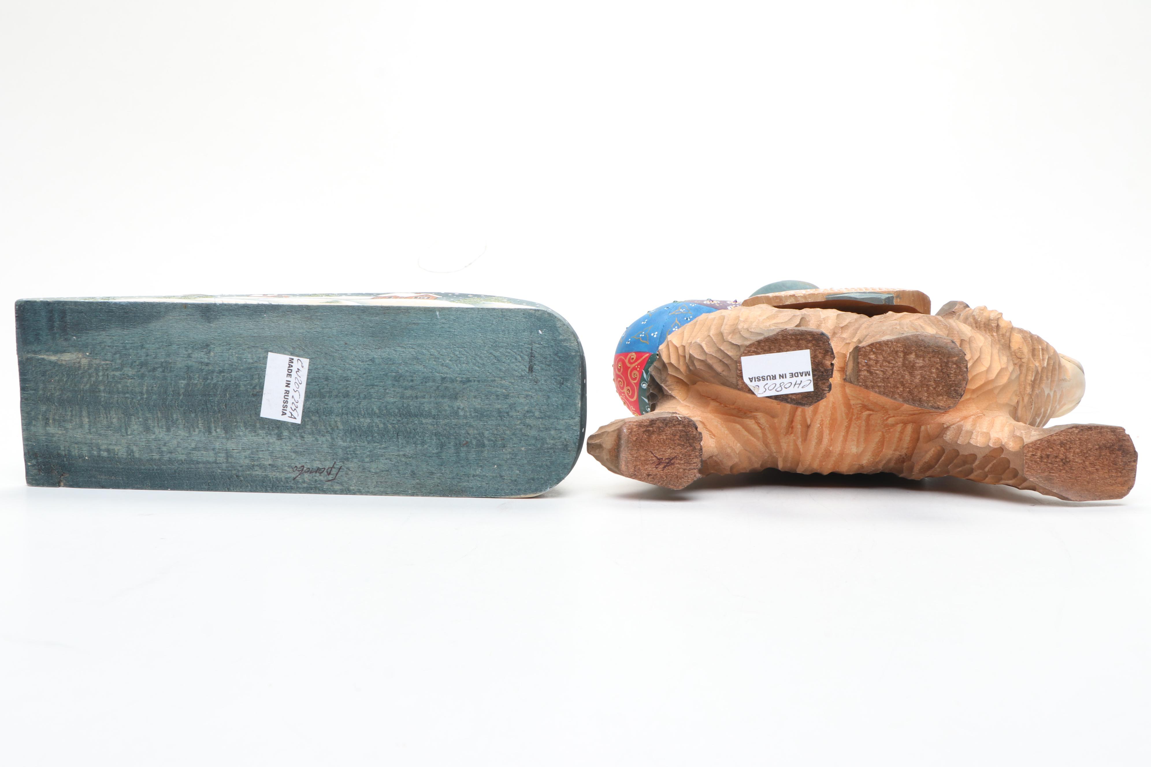 Russian Folk Style Hand Carved Father Frost Figurine and Boxes