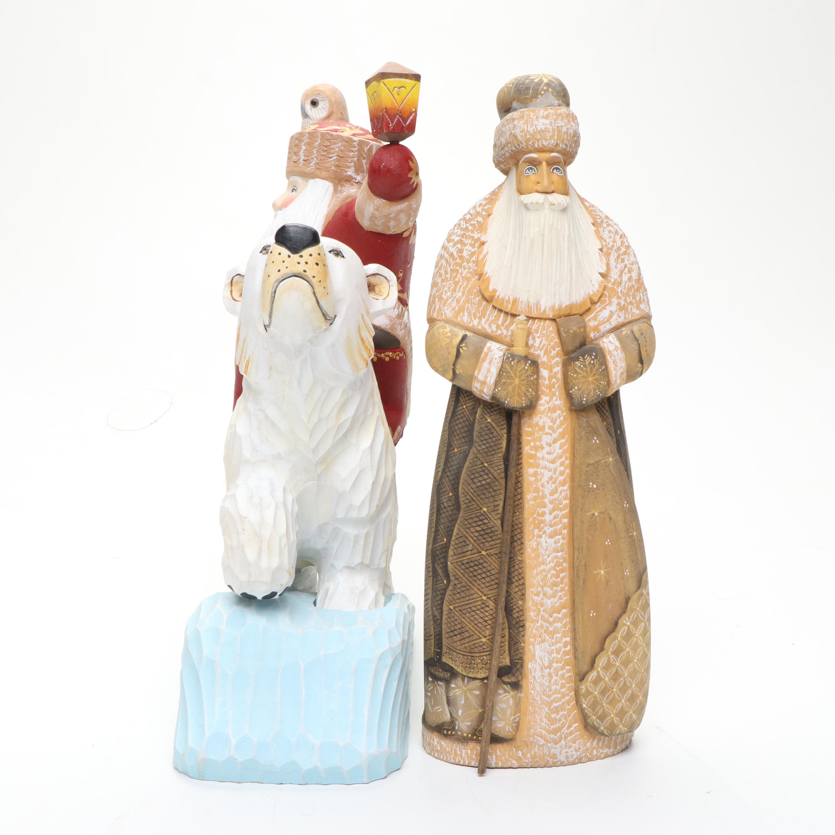Russian Folk Style Hand Carved Father Frost Figurine and Boxes