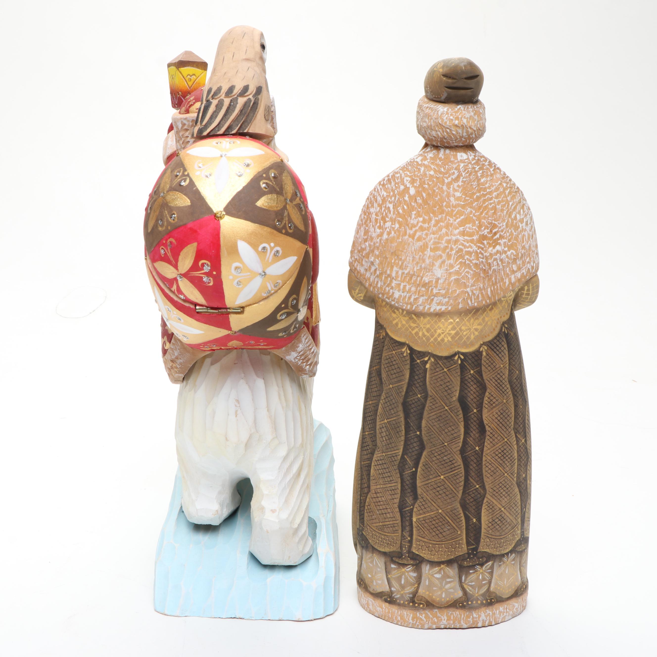 Russian Folk Style Hand Carved Father Frost Figurine and Boxes