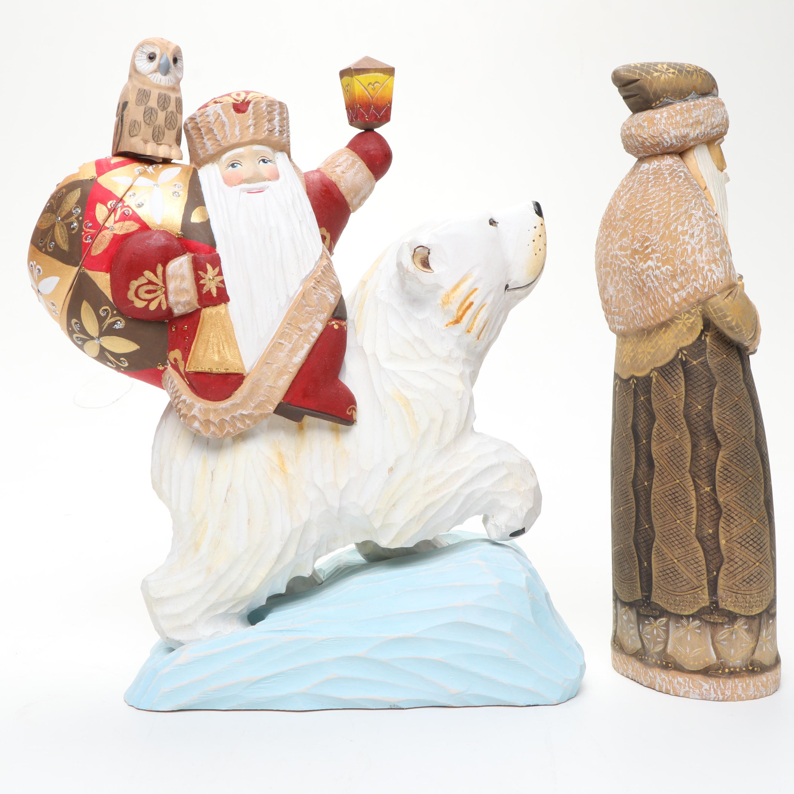 Russian Folk Style Hand Carved Father Frost Figurine and Boxes