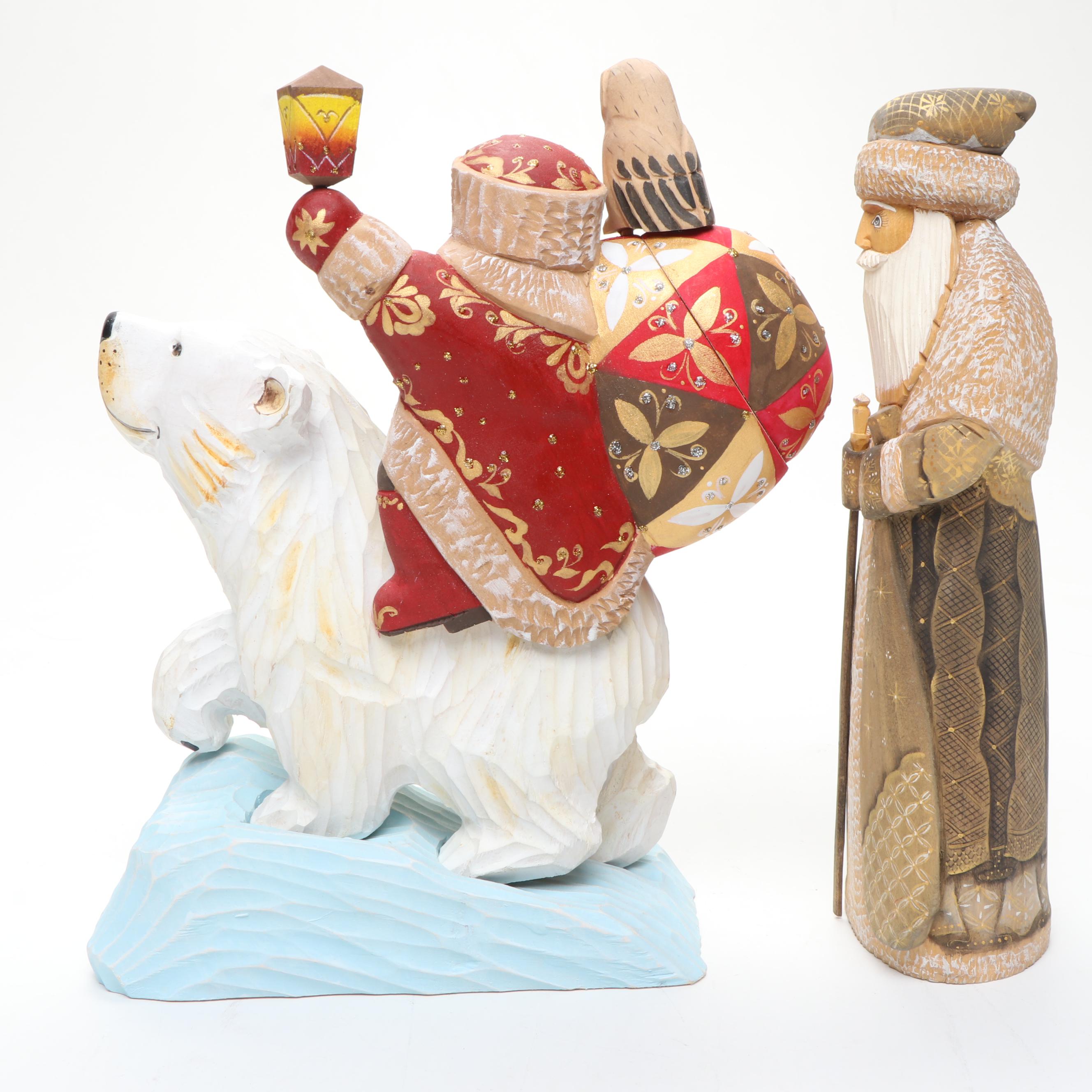 Russian Folk Style Hand Carved Father Frost Figurine and Boxes