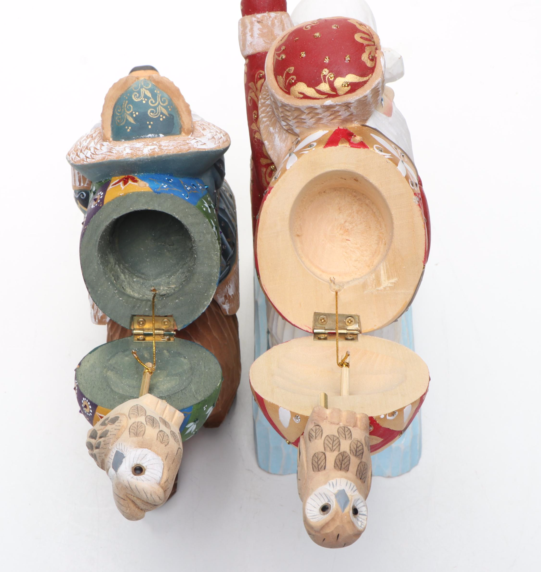 Russian Folk Style Hand Carved Father Frost Figurine and Boxes