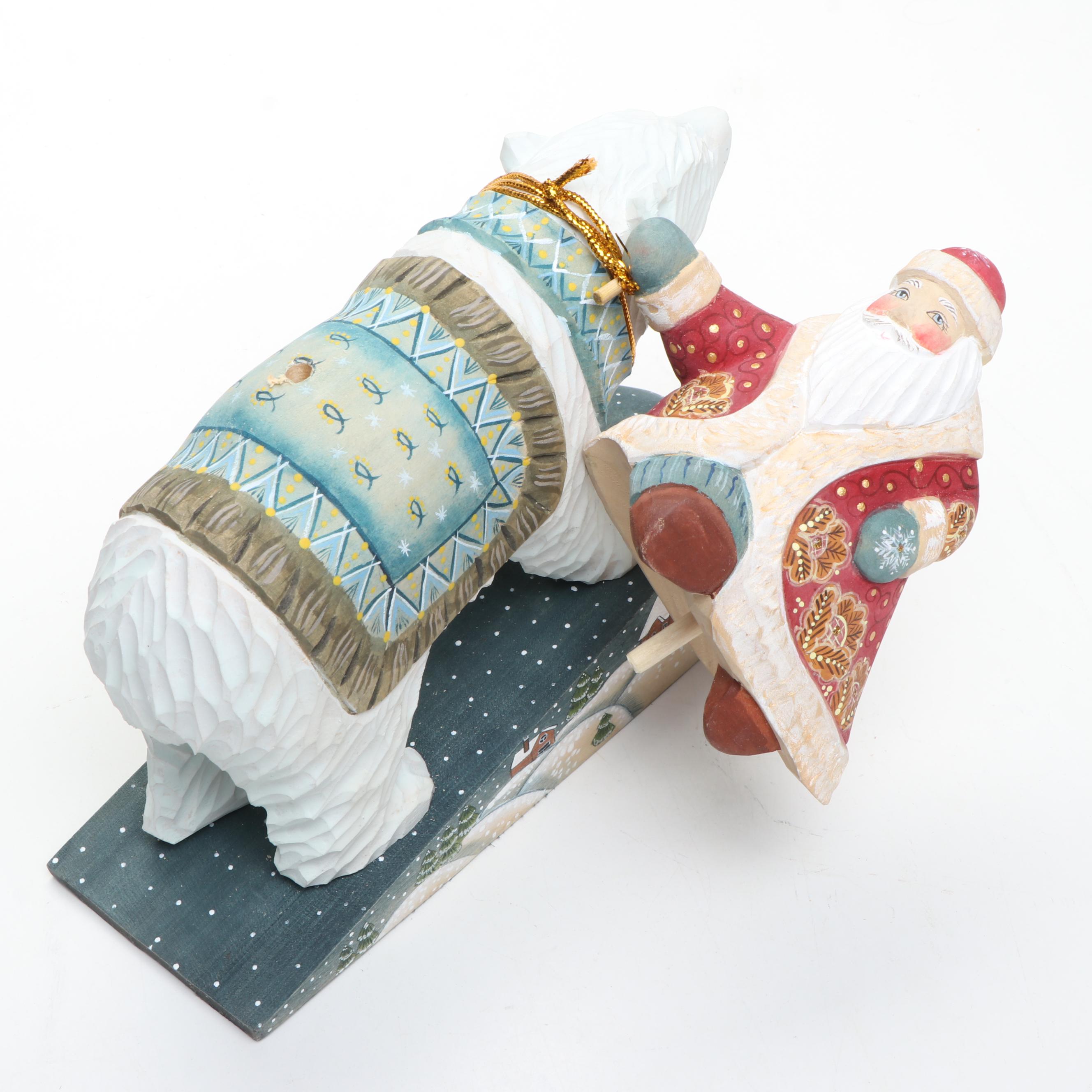 Russian Folk Style Hand Carved Father Frost Figurine and Boxes