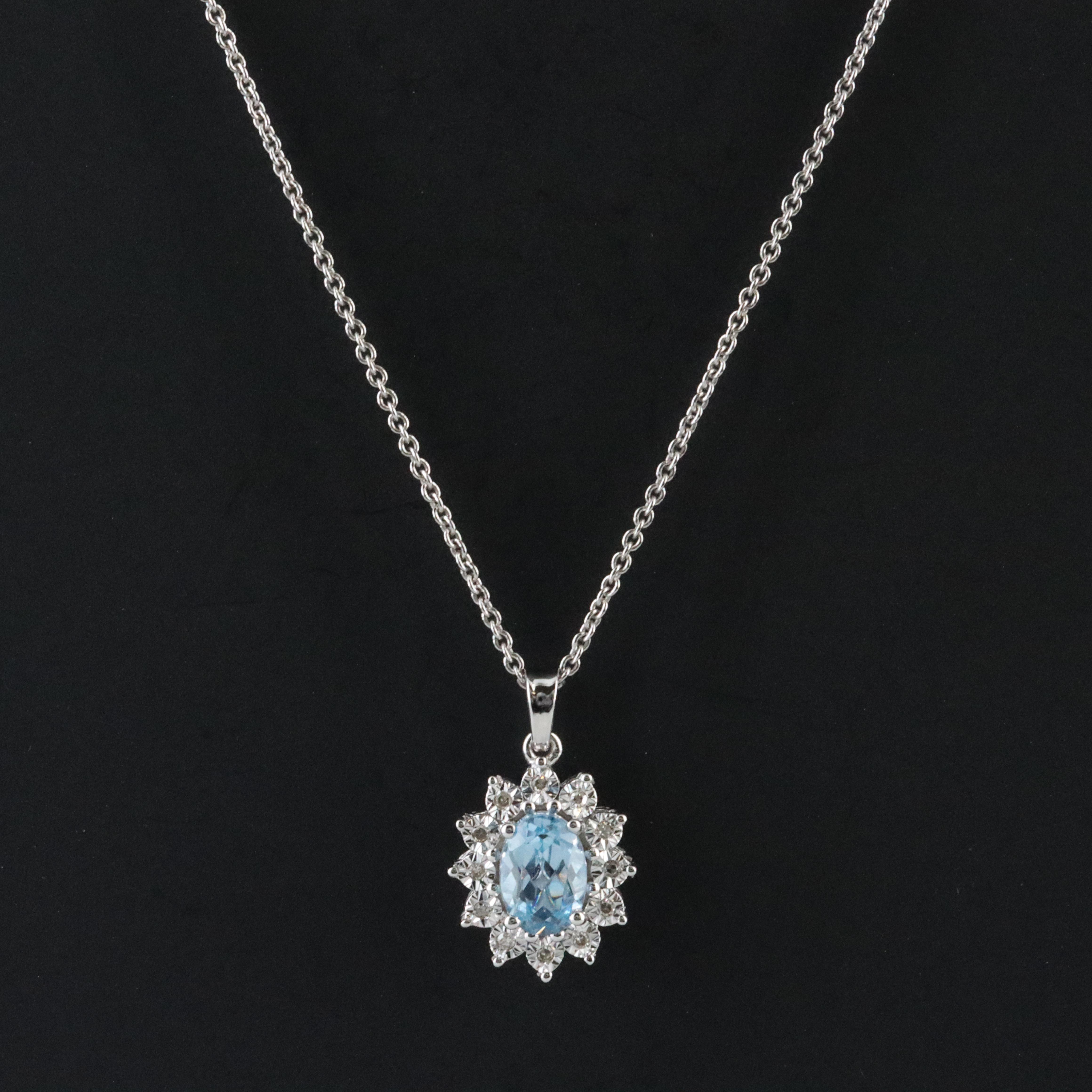 Sterling Blue Topaz and Diamond Pendant Necklace