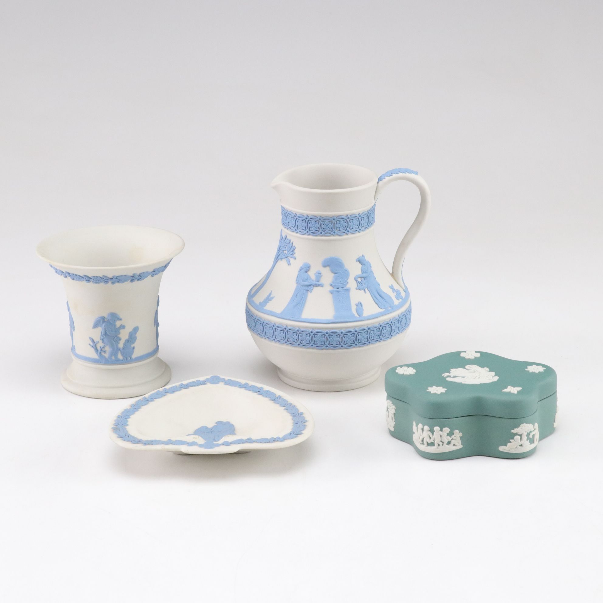 Wedgwood Blue-on-White Jasperware Pitcher, Vase and Dish with Green Dresser Box