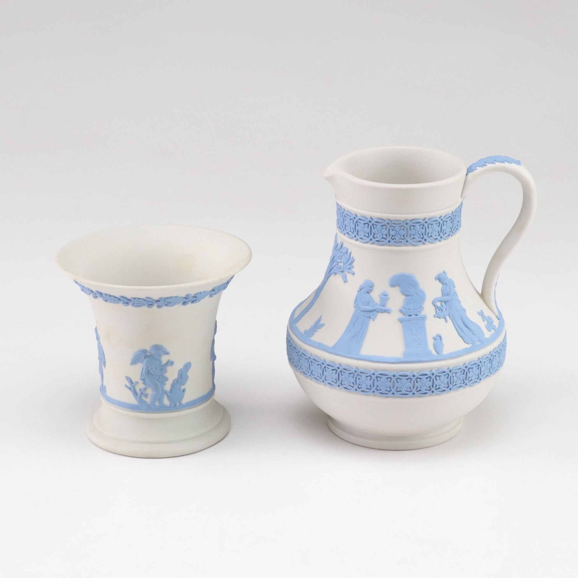 Wedgwood Blue-on-White Jasperware Pitcher, Vase and Dish with Green Dresser Box