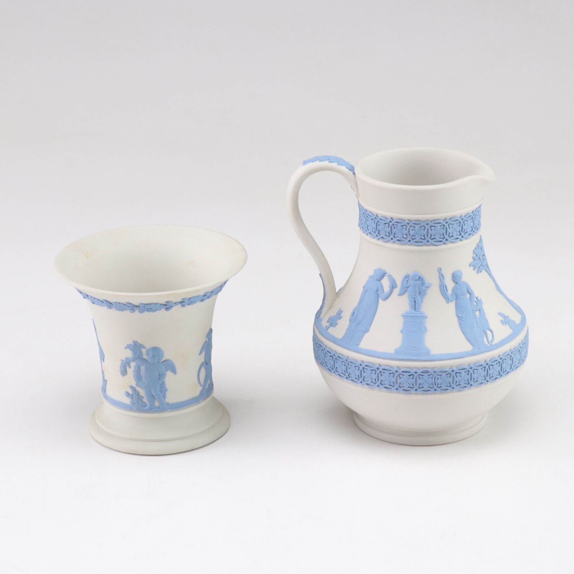 Wedgwood Blue-on-White Jasperware Pitcher, Vase and Dish with Green Dresser Box