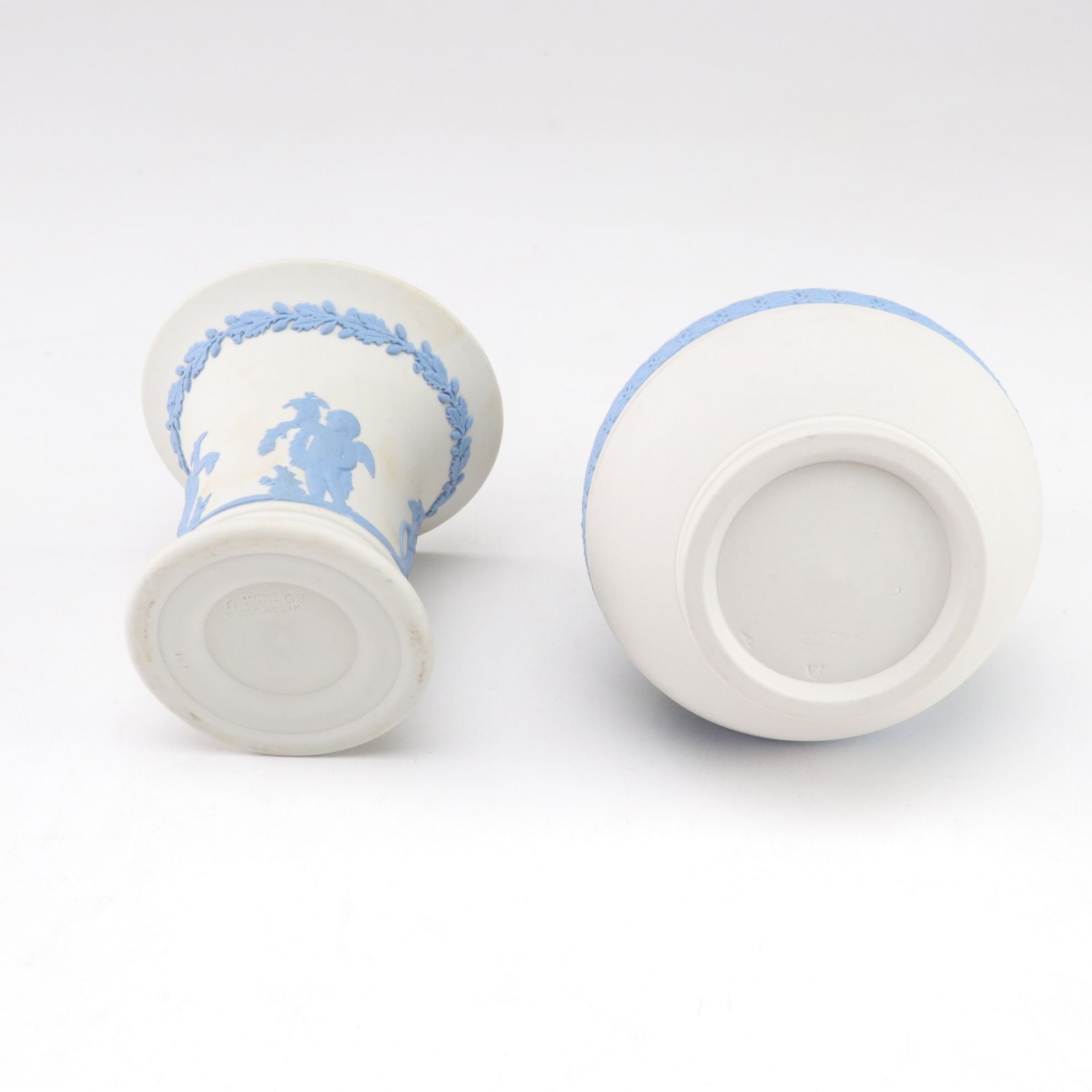 Wedgwood Blue-on-White Jasperware Pitcher, Vase and Dish with Green Dresser Box