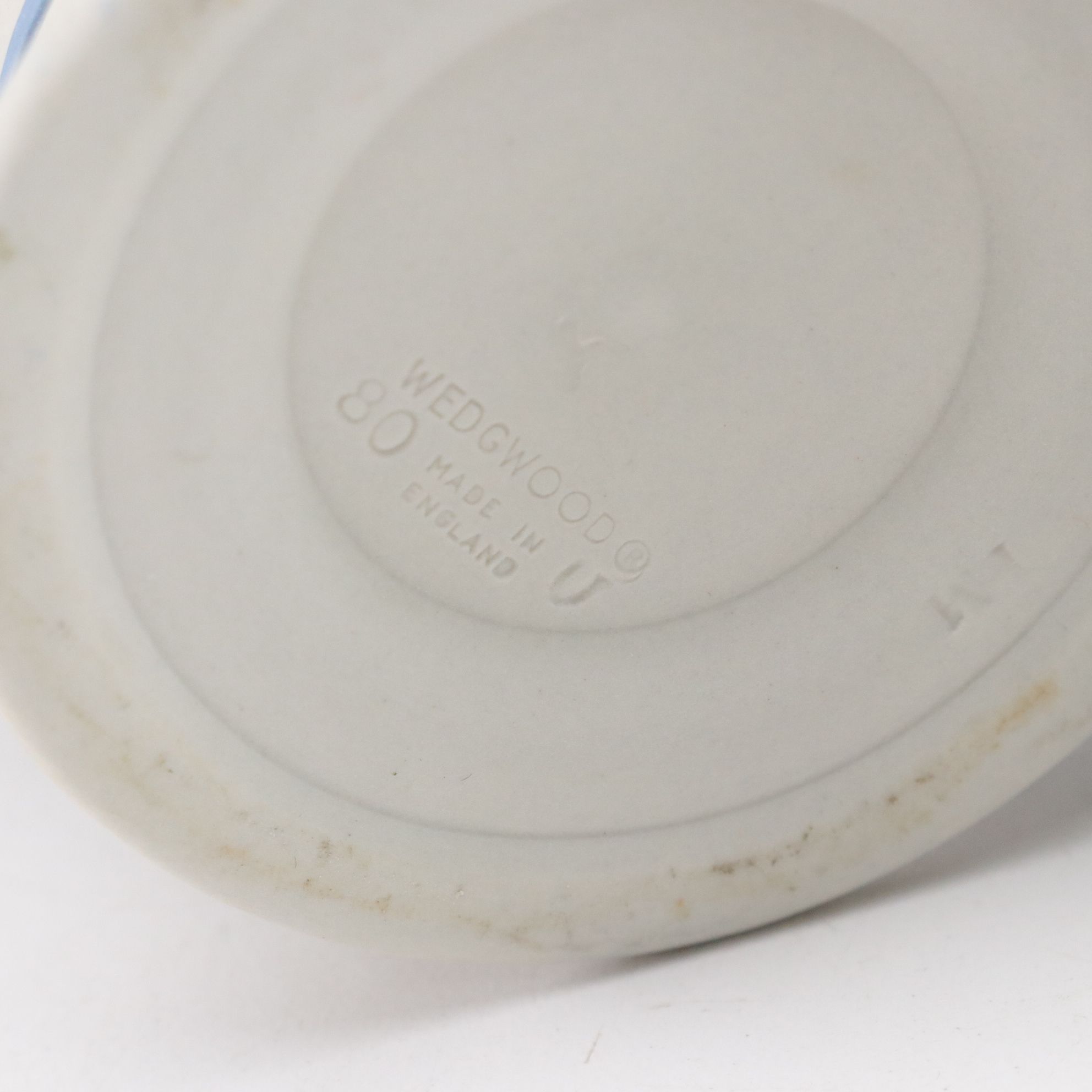 Wedgwood Blue-on-White Jasperware Pitcher, Vase and Dish with Green Dresser Box