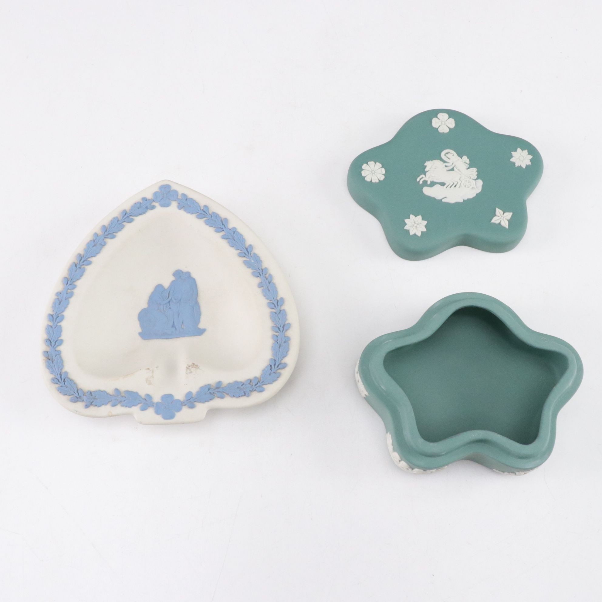 Wedgwood Blue-on-White Jasperware Pitcher, Vase and Dish with Green Dresser Box