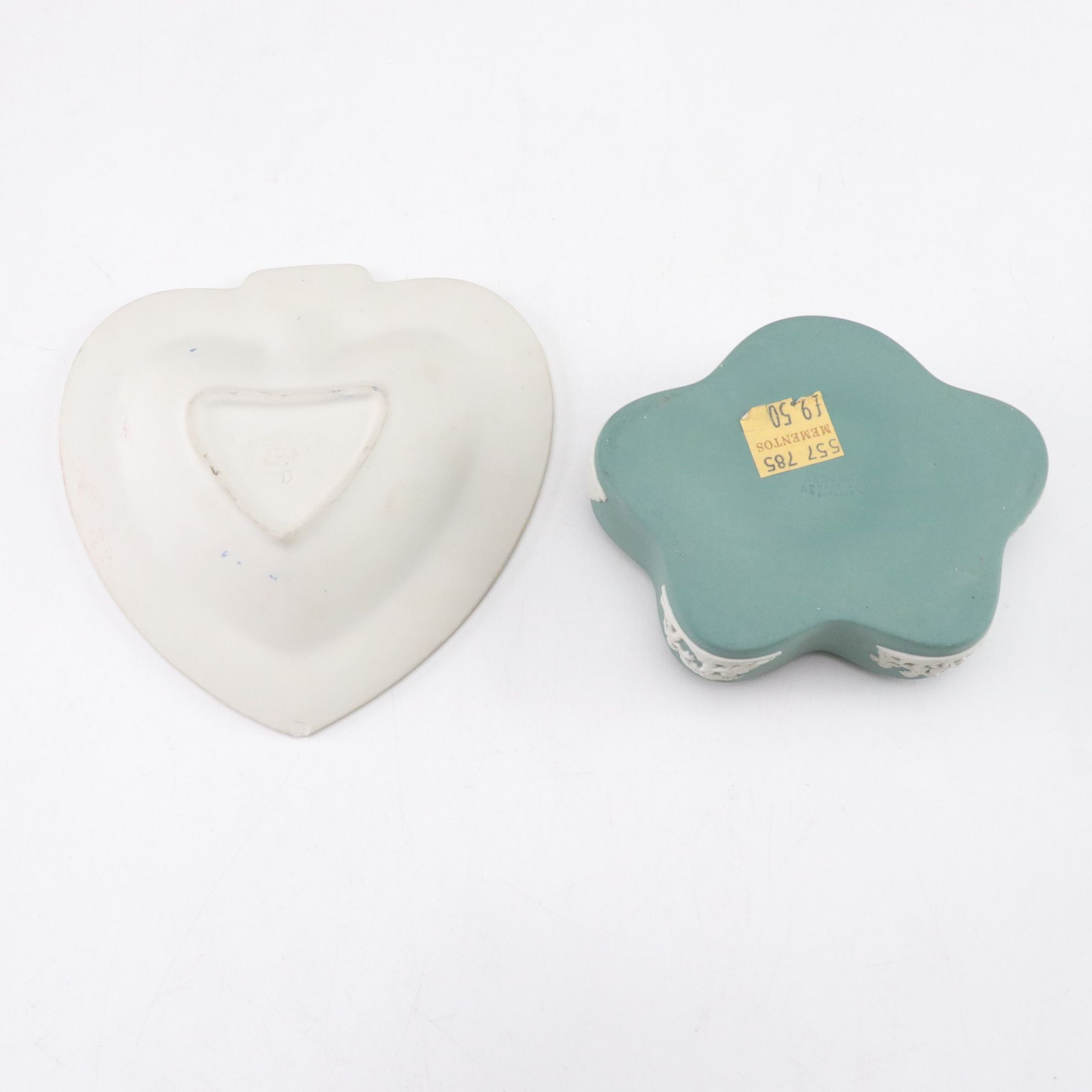 Wedgwood Blue-on-White Jasperware Pitcher, Vase and Dish with Green Dresser Box