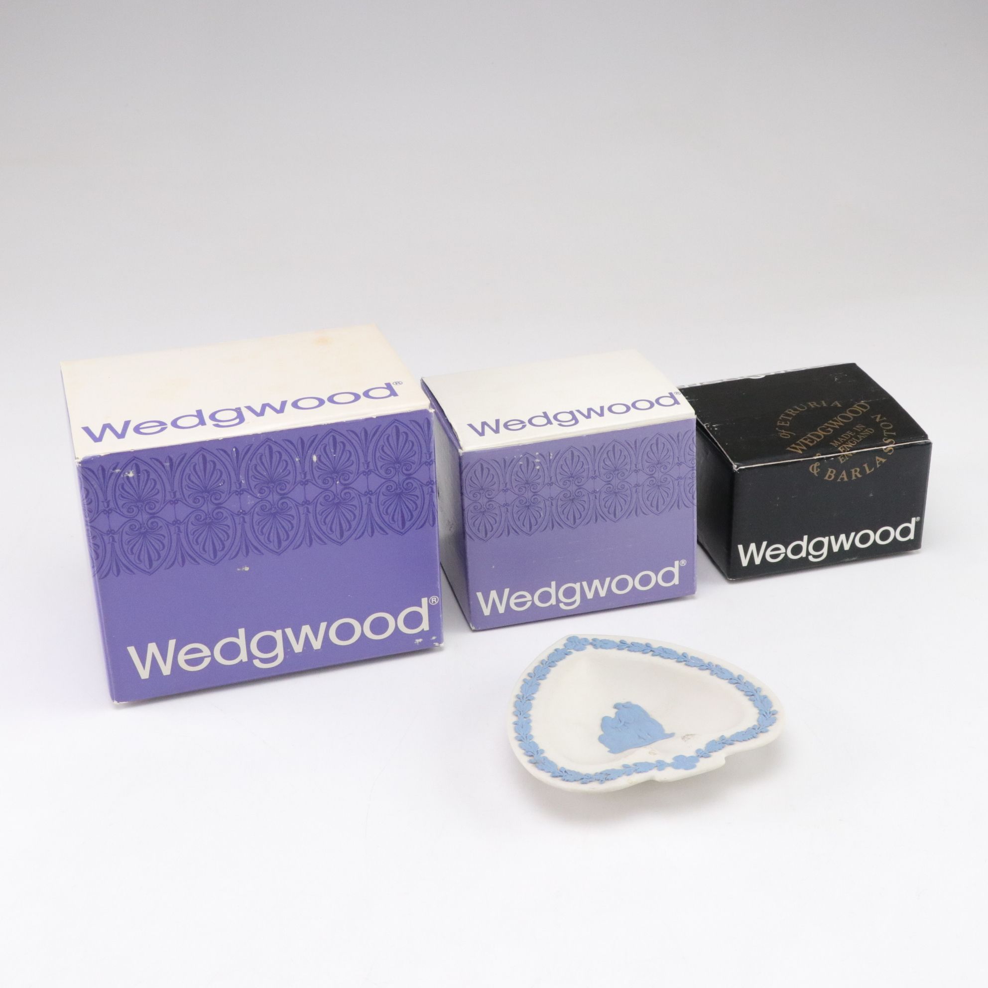 Wedgwood Blue-on-White Jasperware Pitcher, Vase and Dish with Green Dresser Box