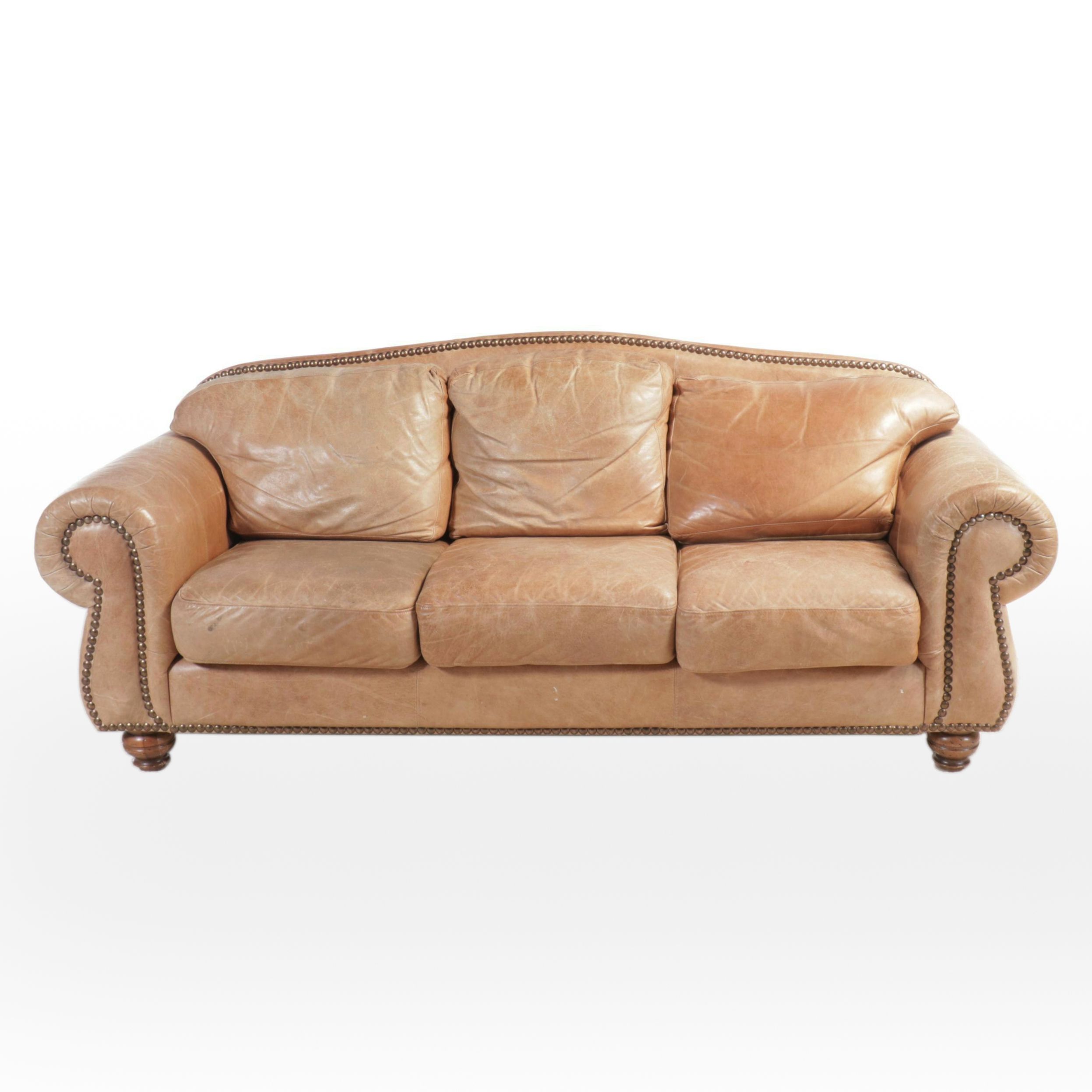 Tan Leather Sofa with Nailhead Trim