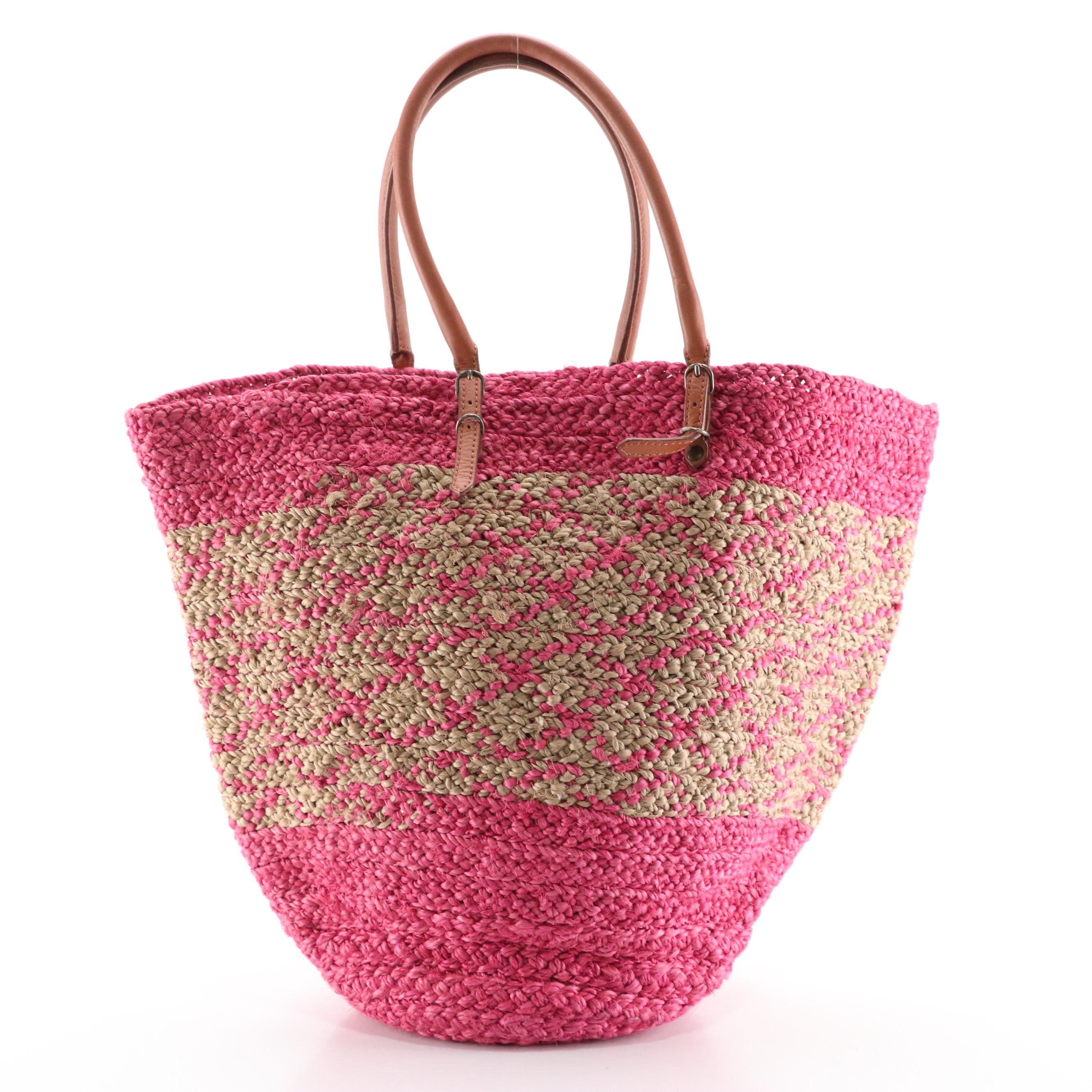 Balenciaga Pink and Natural Woven Raffia and Mocha Brown Leather Tote