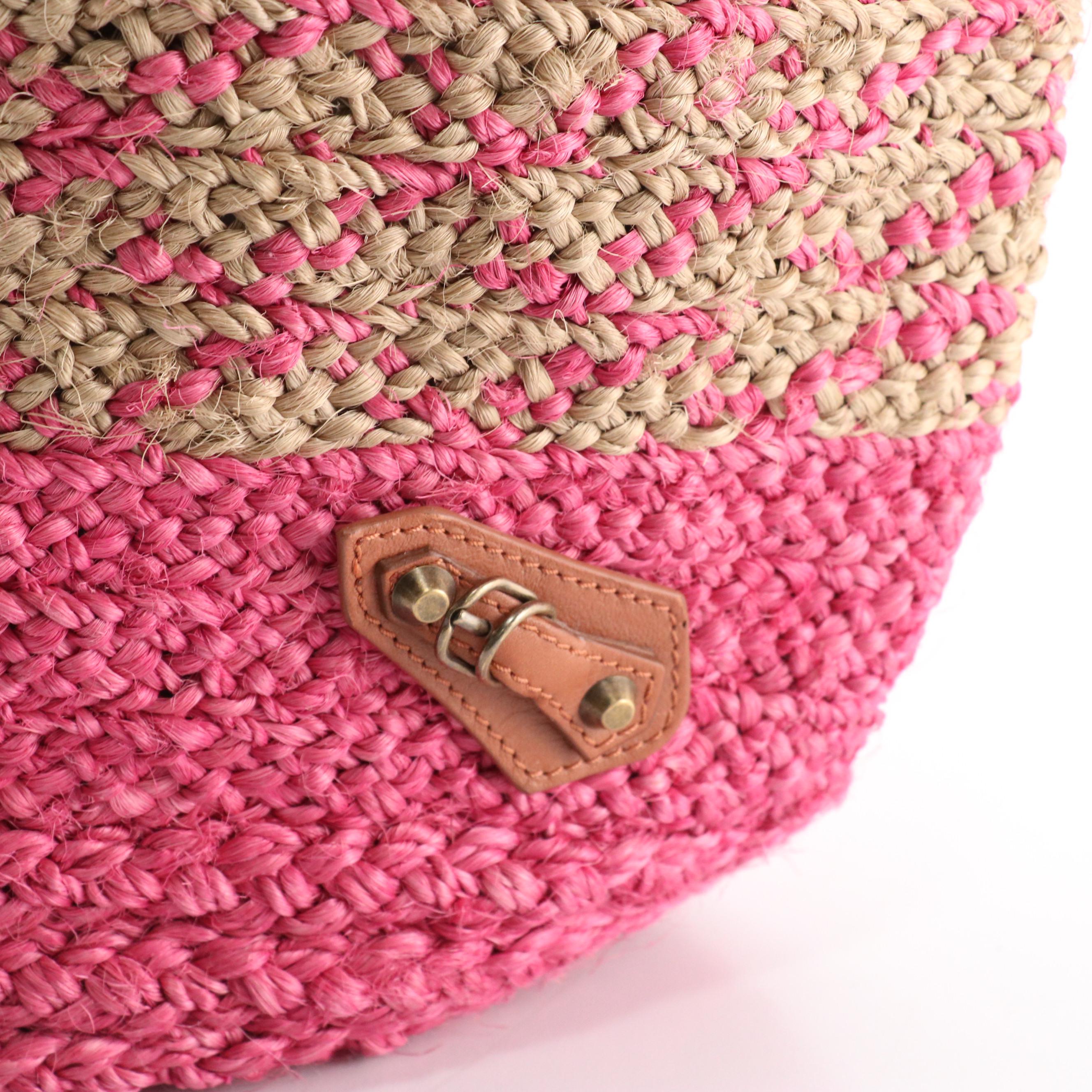 Balenciaga Pink and Natural Woven Raffia and Mocha Brown Leather Tote