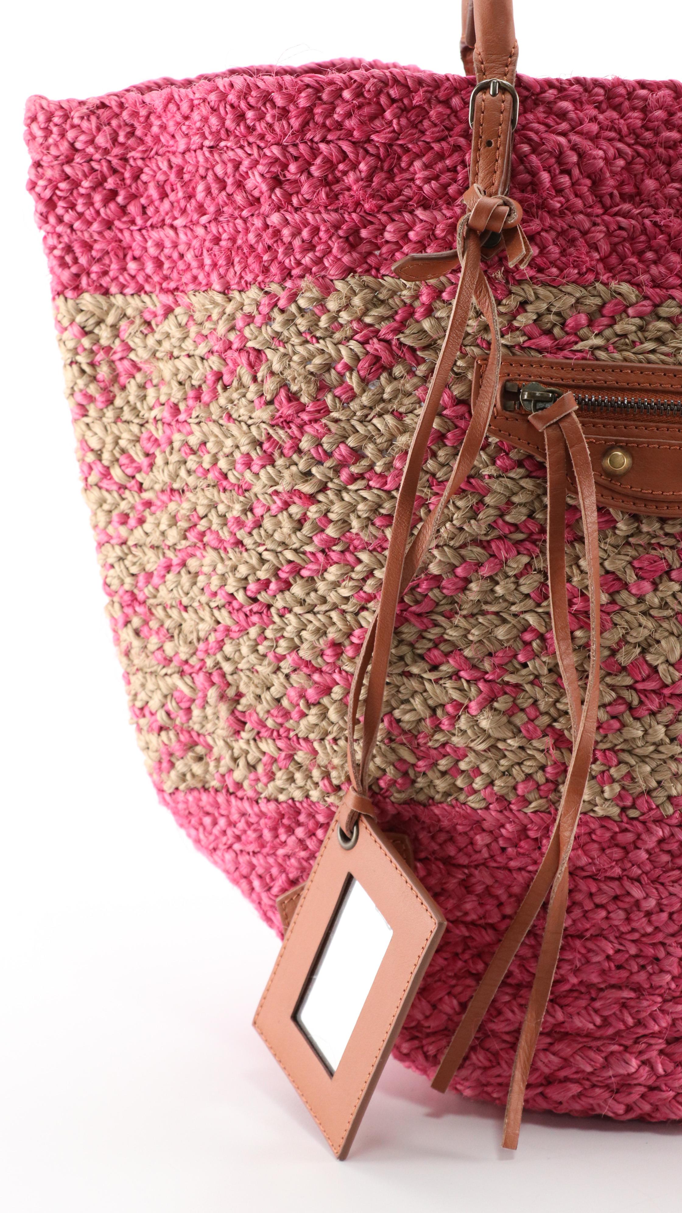 Balenciaga Pink and Natural Woven Raffia and Mocha Brown Leather Tote