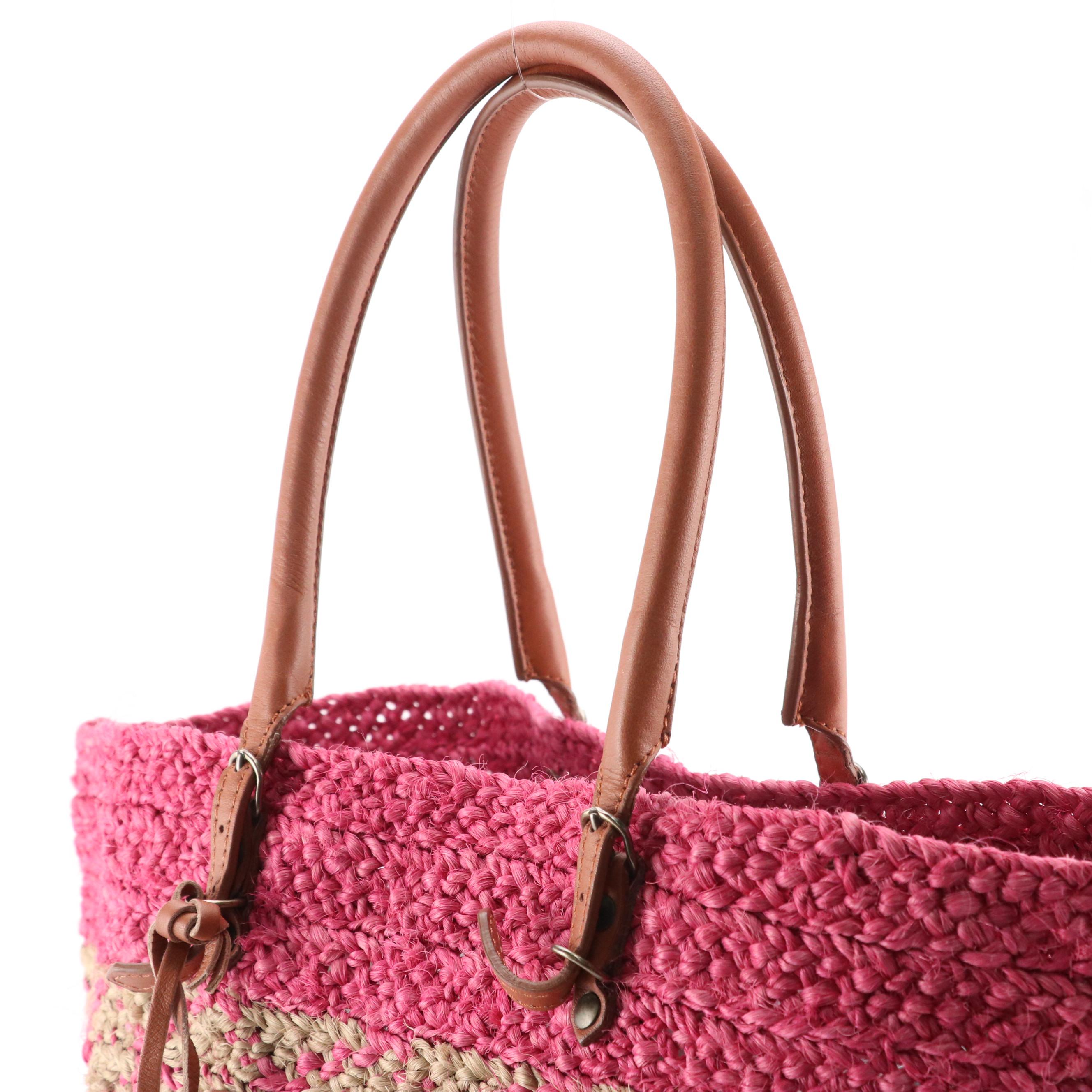 Balenciaga Pink and Natural Woven Raffia and Mocha Brown Leather Tote