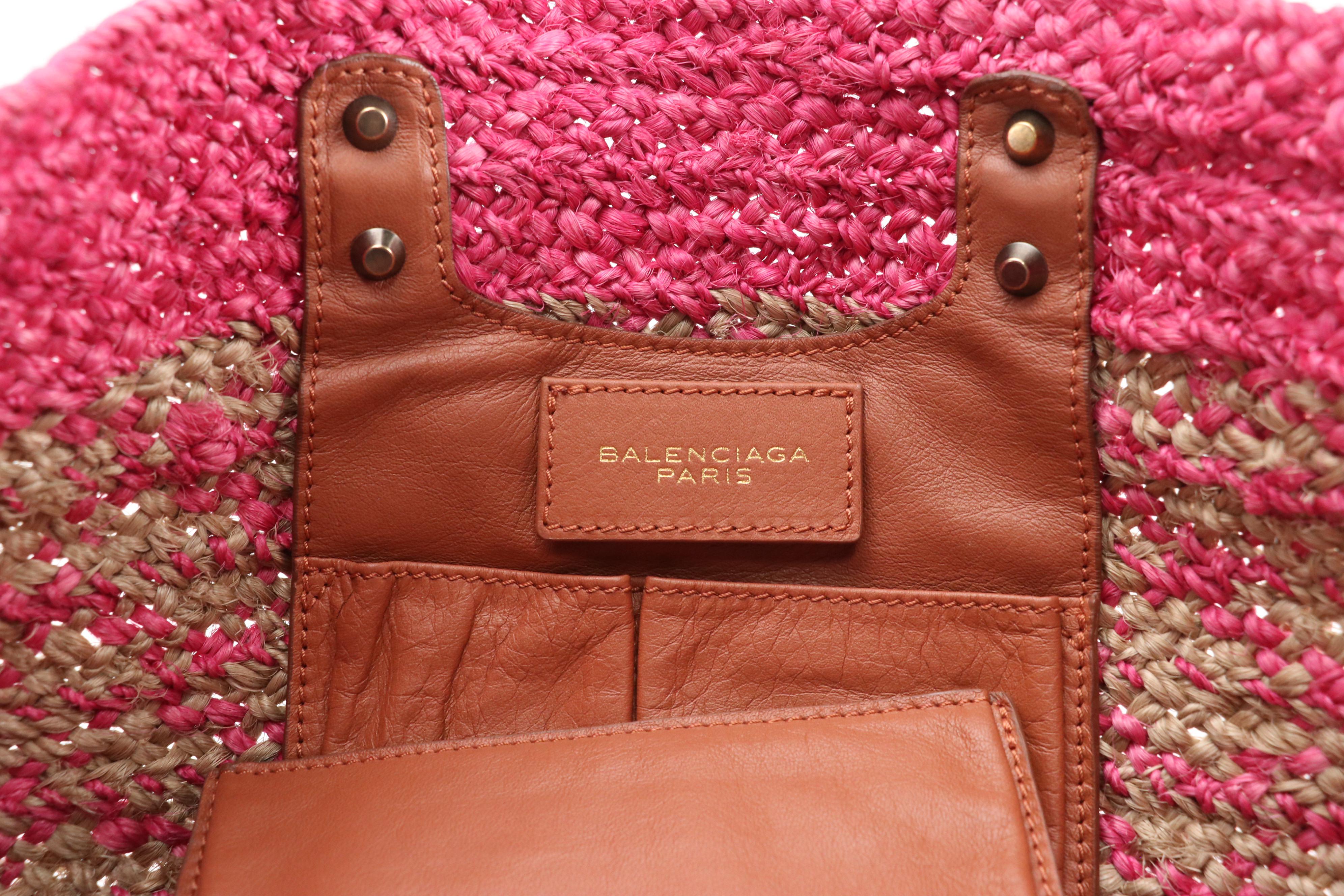 Balenciaga Pink and Natural Woven Raffia and Mocha Brown Leather Tote