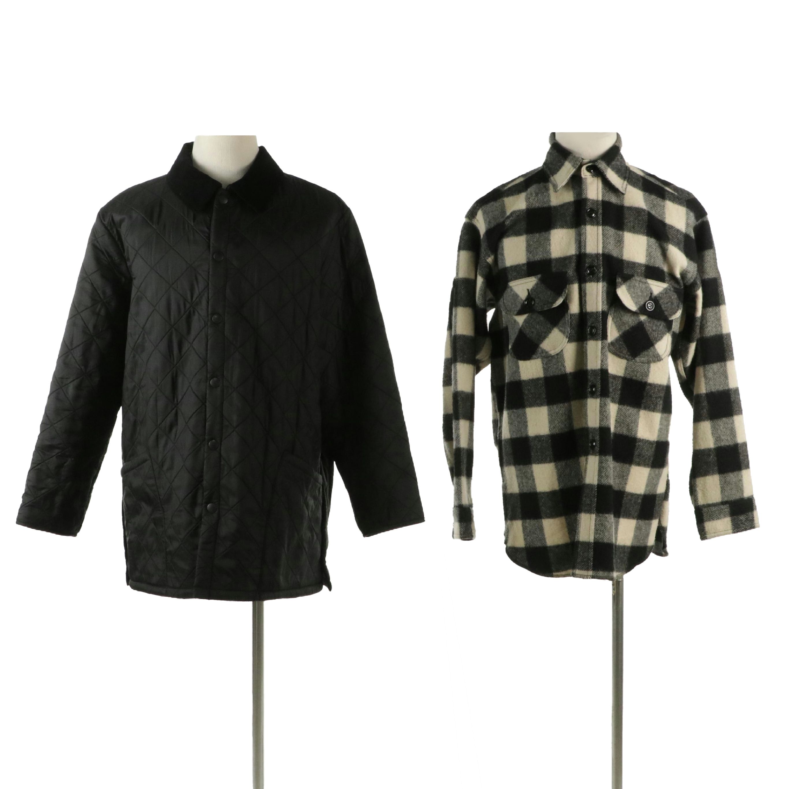 Men's Barbour Quilted Nylon Coat & Johnson Woolen Mills Buffalo Check Wool Shirt