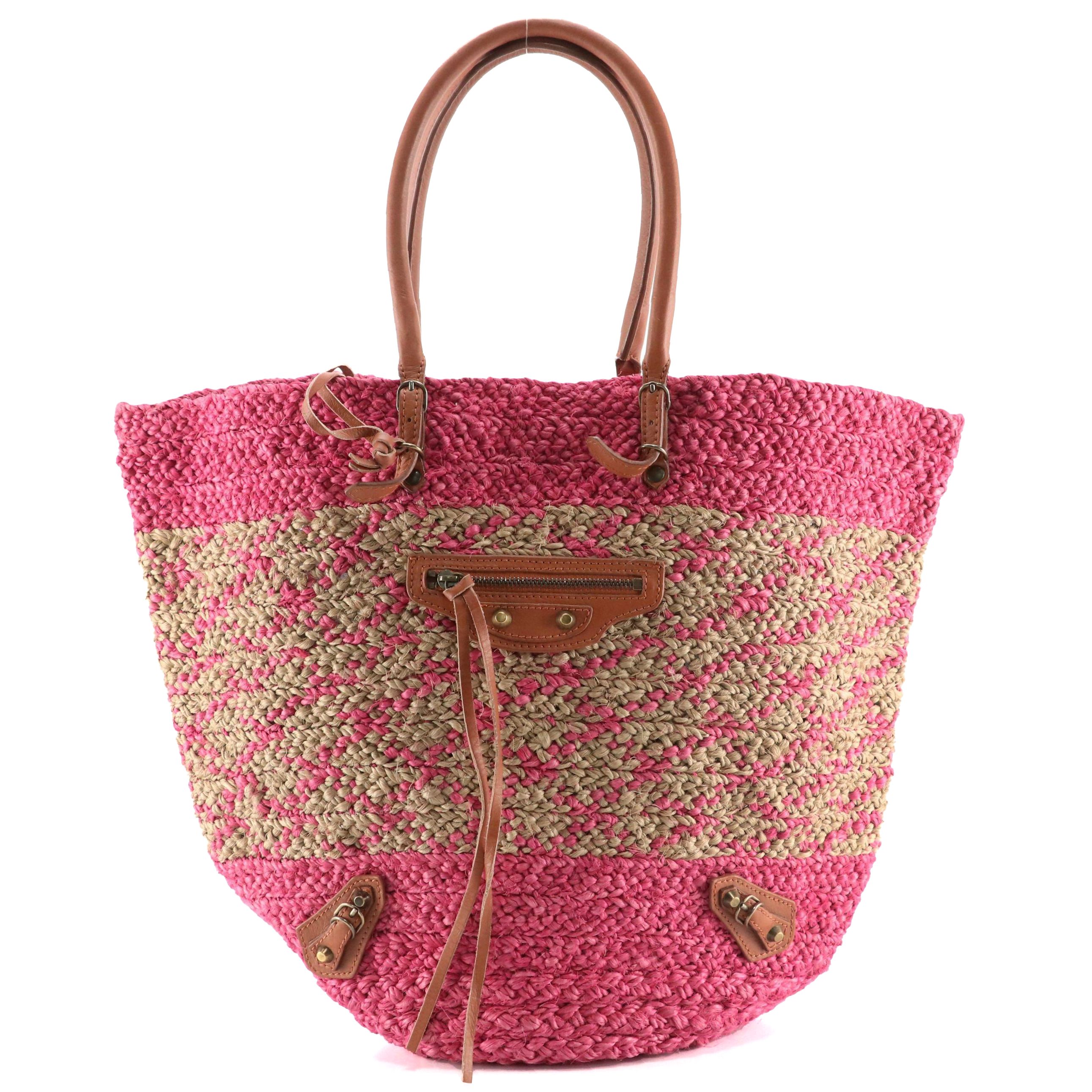 Balenciaga Pink and Natural Woven Raffia and Mocha Brown Leather Tote