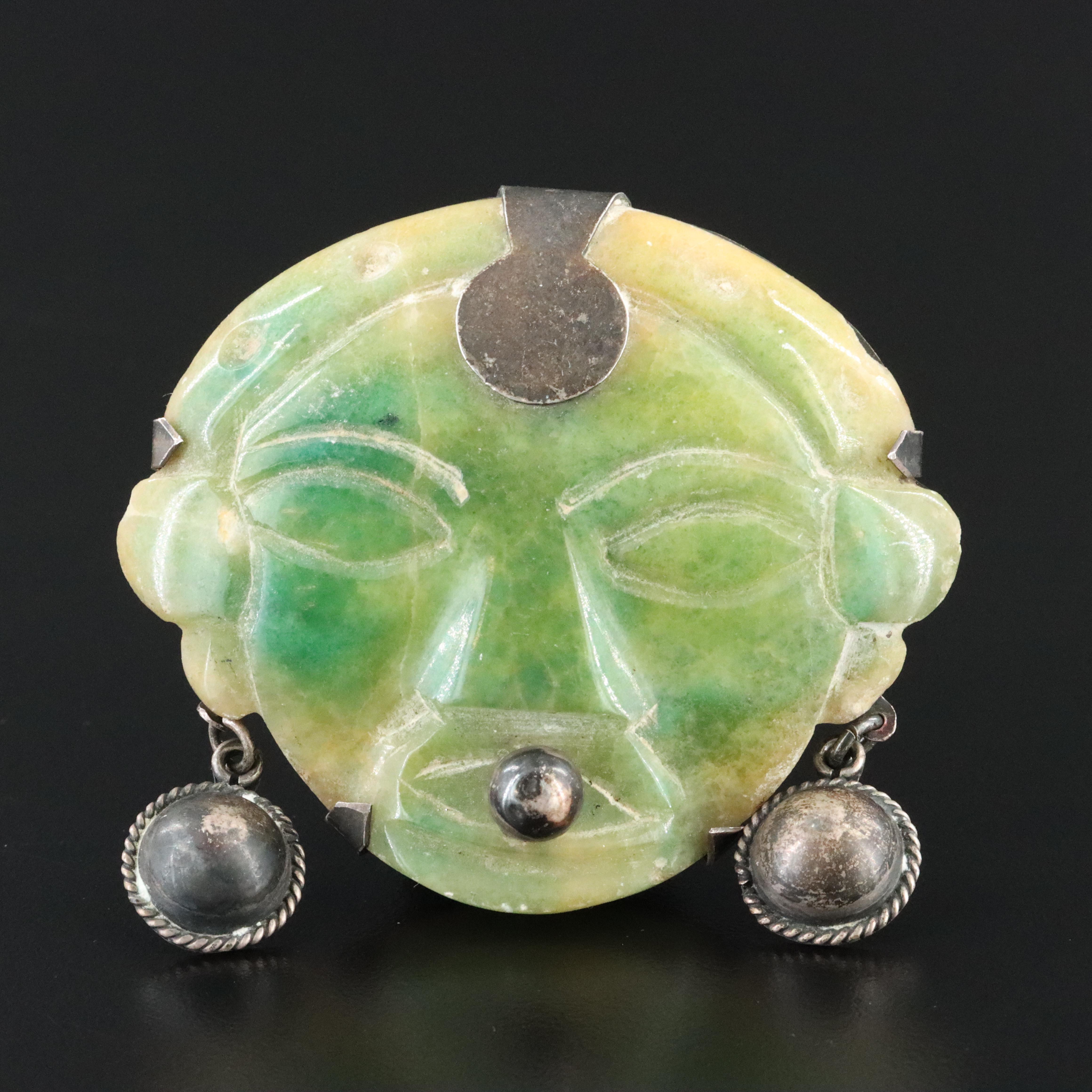 Sterling Carved Calcite Figural Brooch