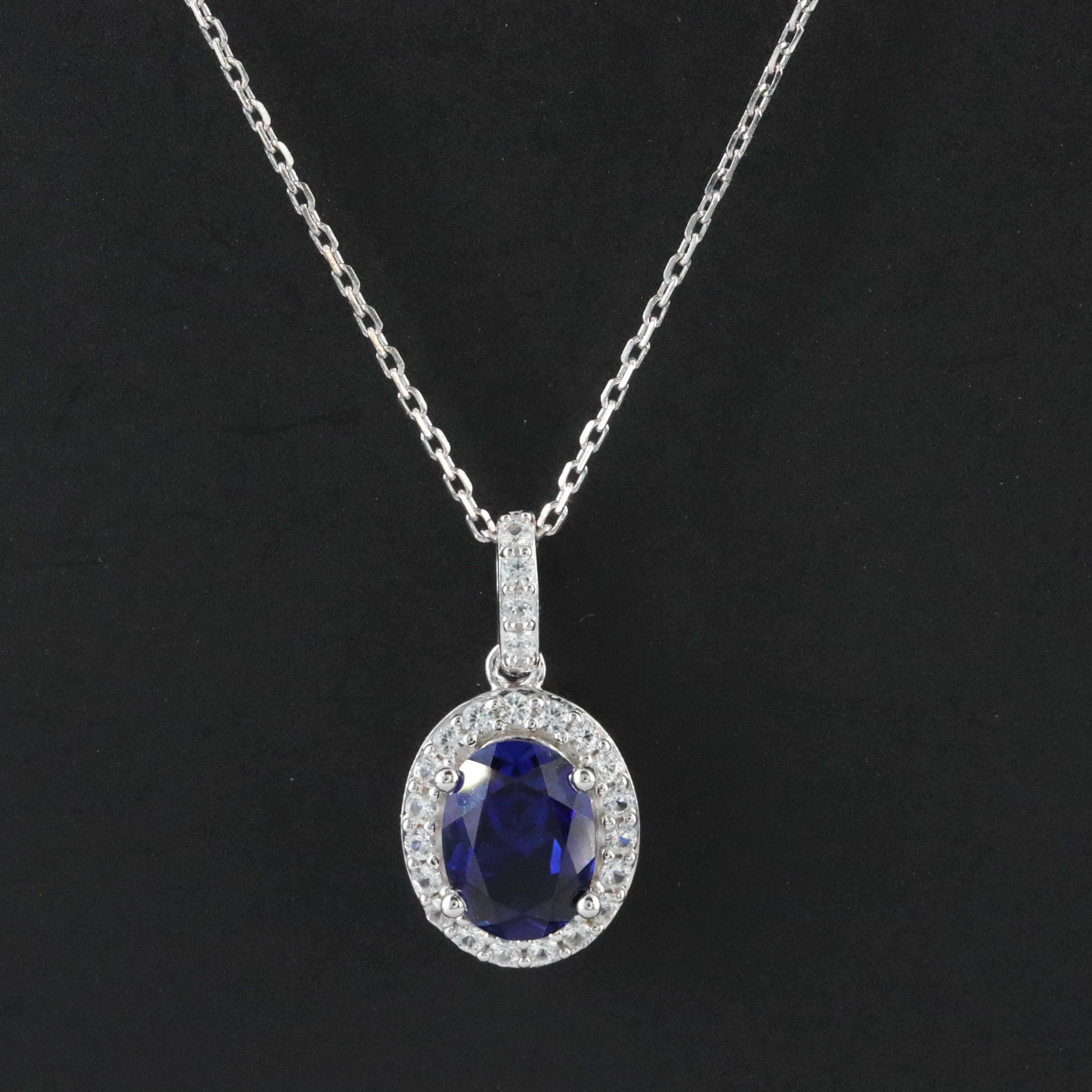 Sterling Sapphire Pendant Necklace with White Sapphire Accents